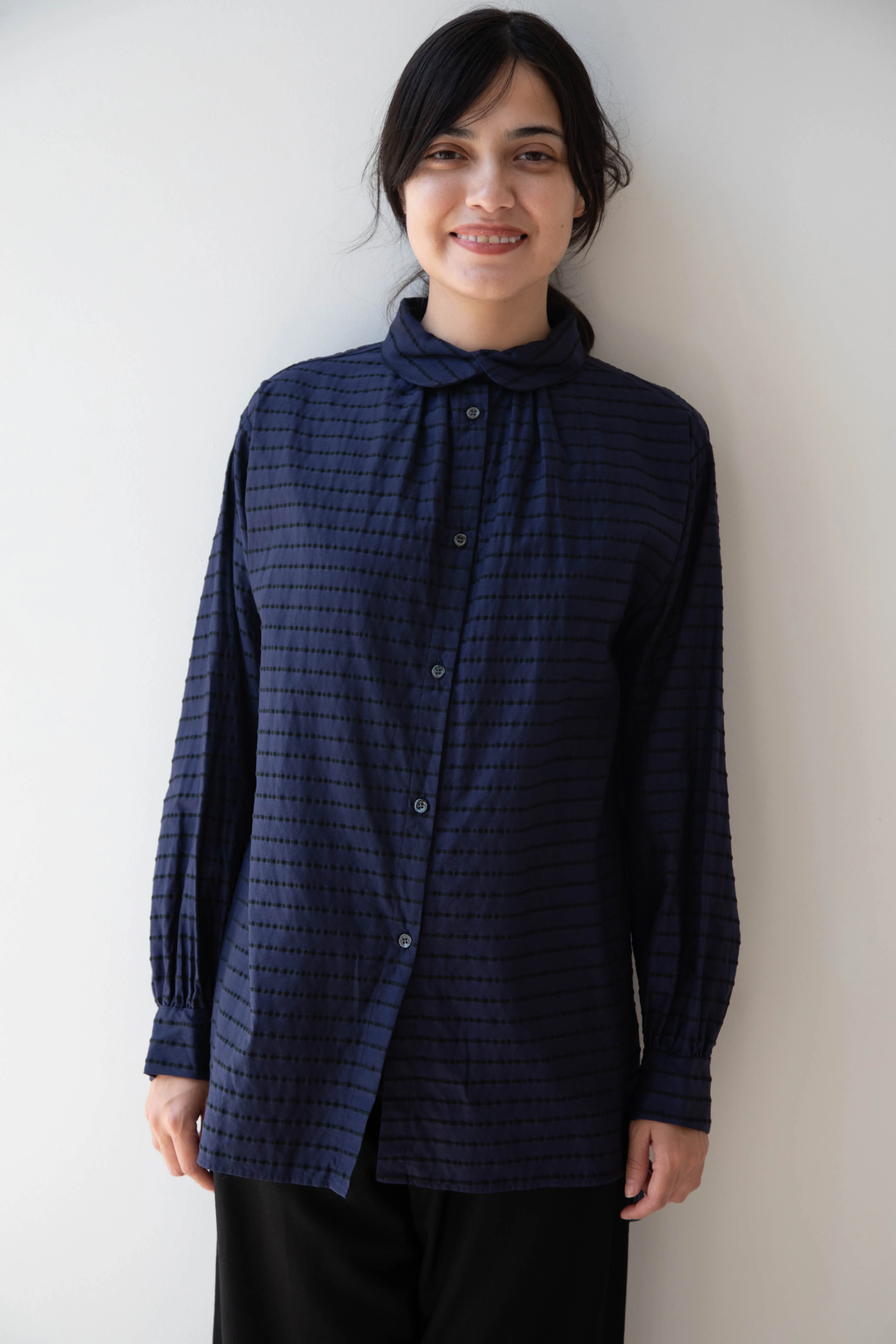 Gallego Desportes | Round Collar Shirt in Indigo Stripe