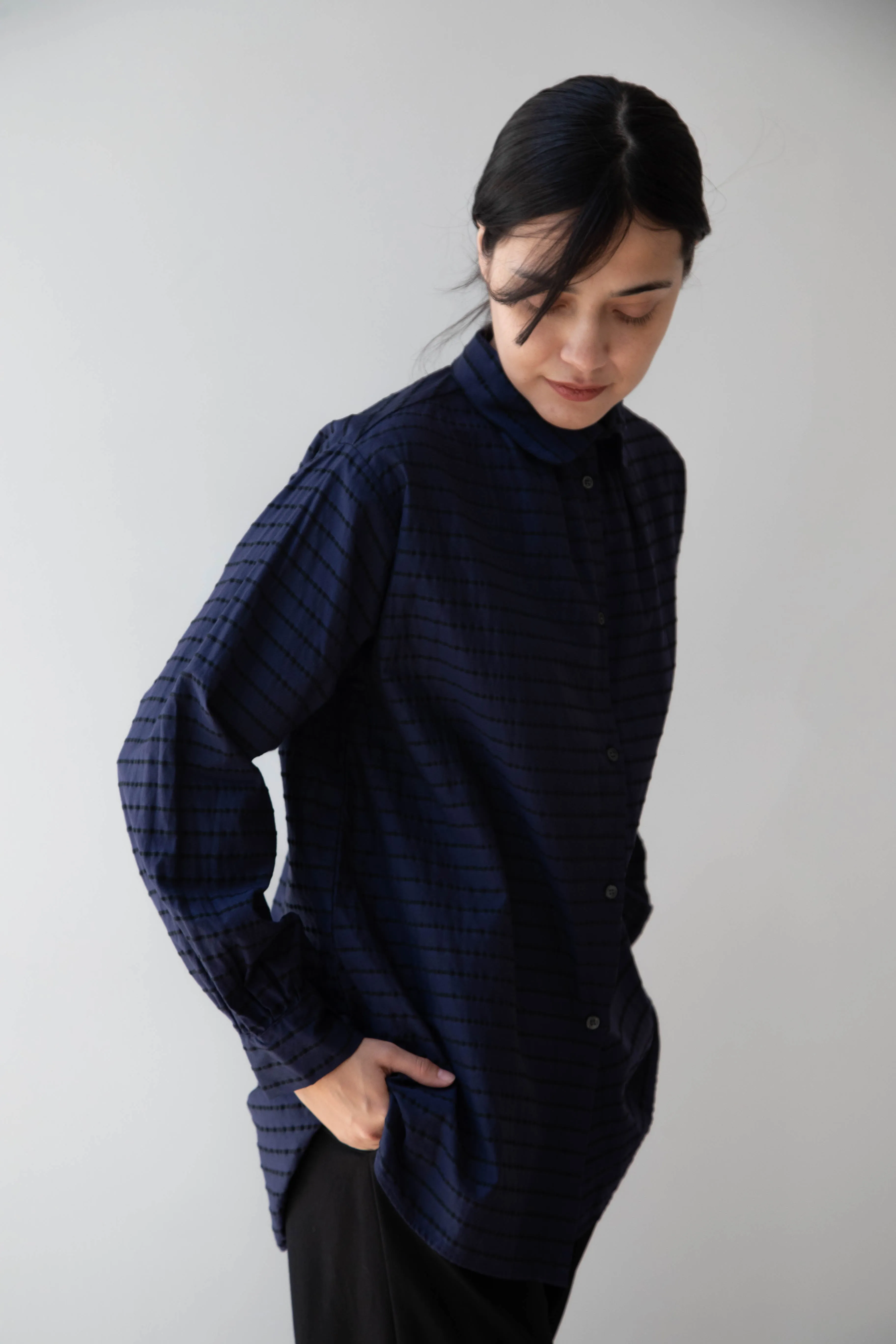 Gallego Desportes | Round Collar Shirt in Indigo Stripe