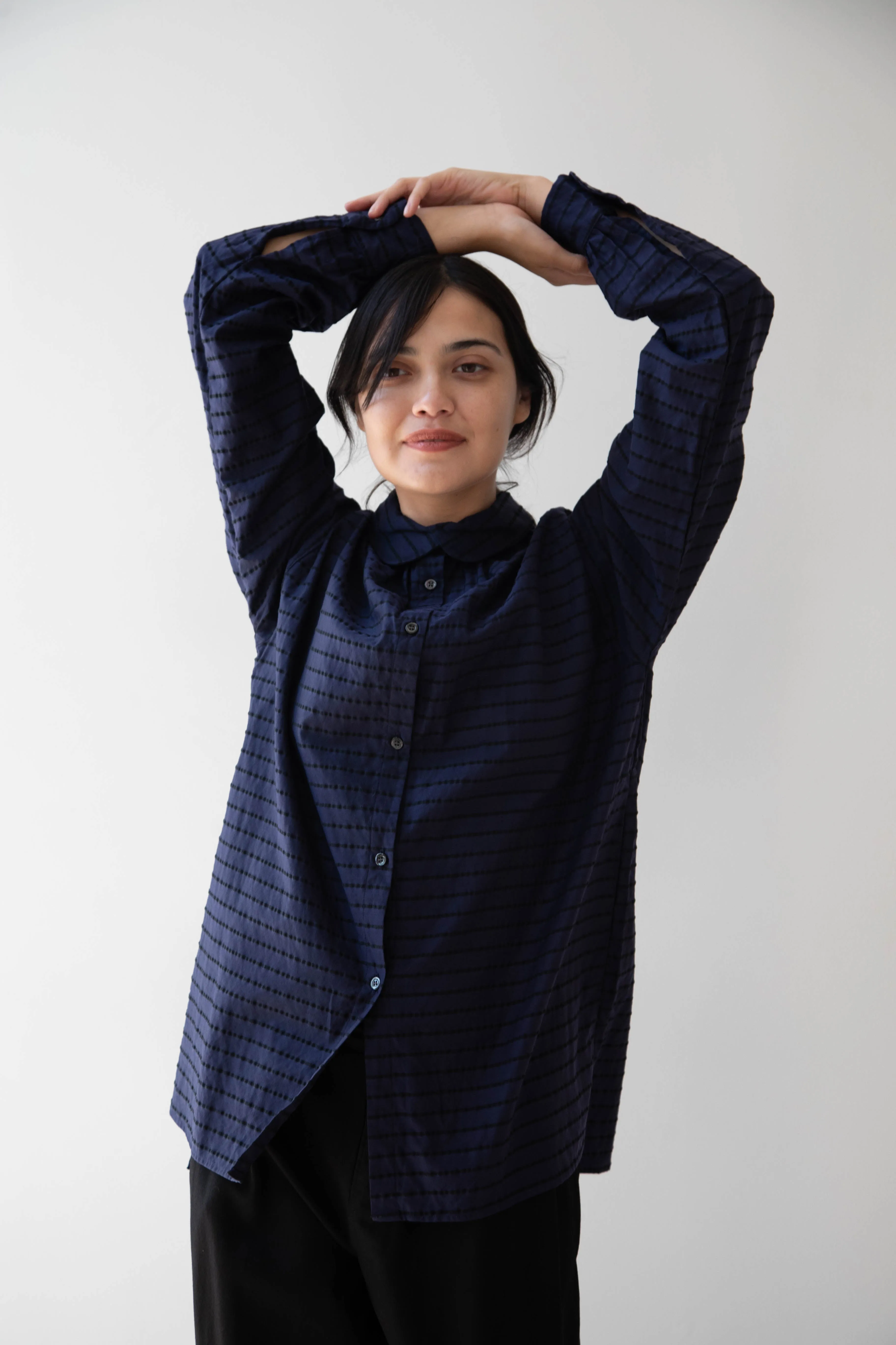 Gallego Desportes | Round Collar Shirt in Indigo Stripe