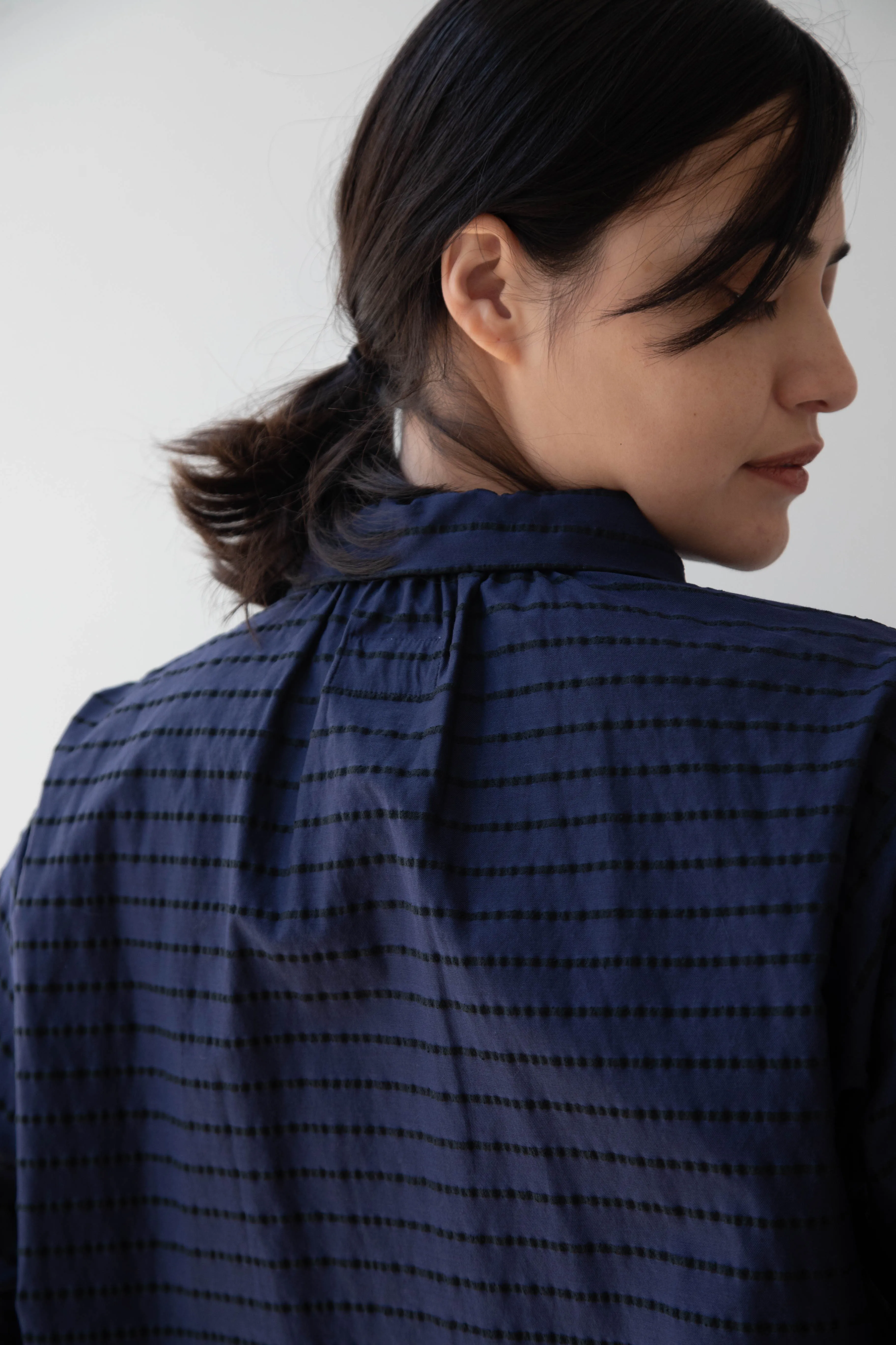 Gallego Desportes | Round Collar Shirt in Indigo Stripe