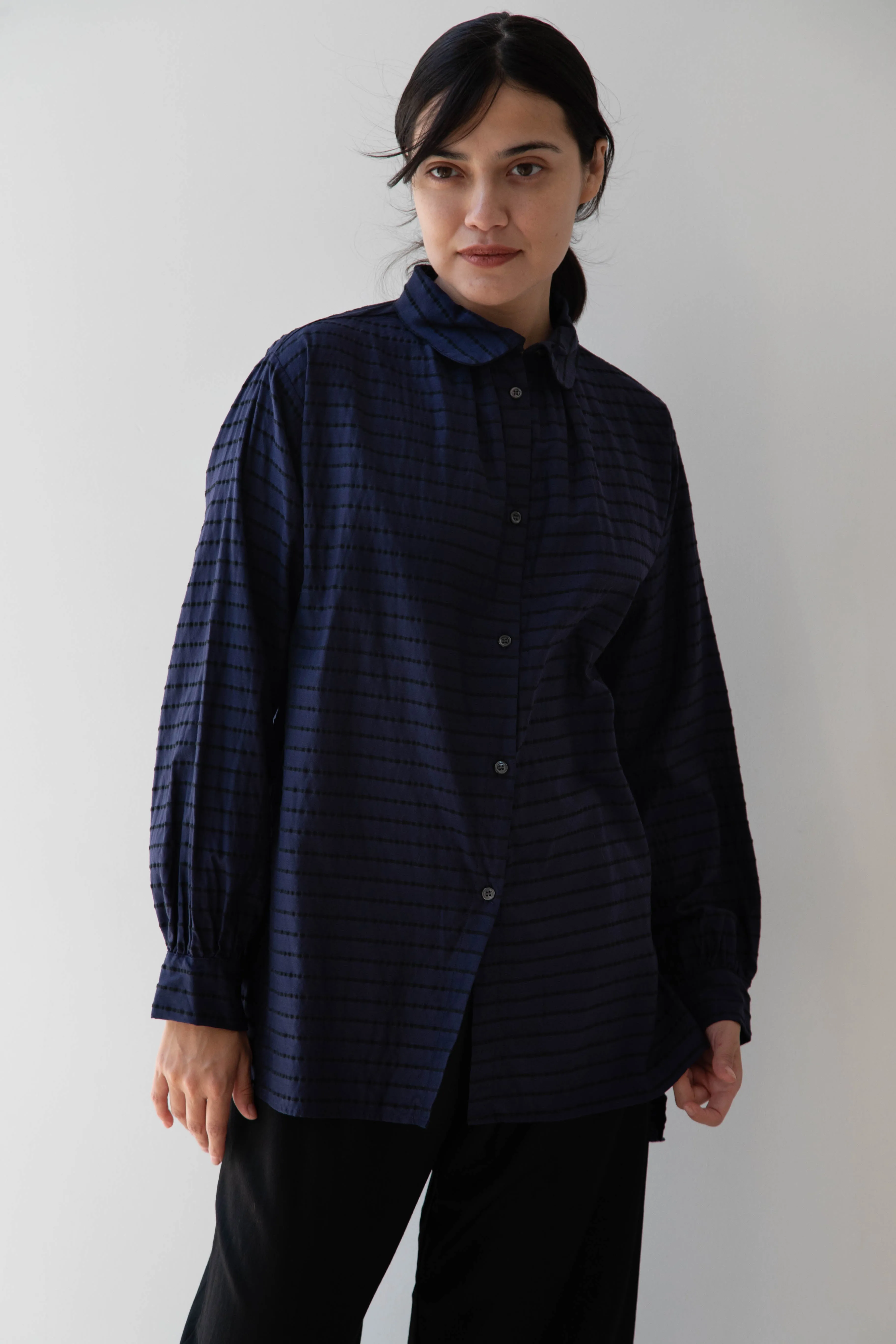 Gallego Desportes | Round Collar Shirt in Indigo Stripe