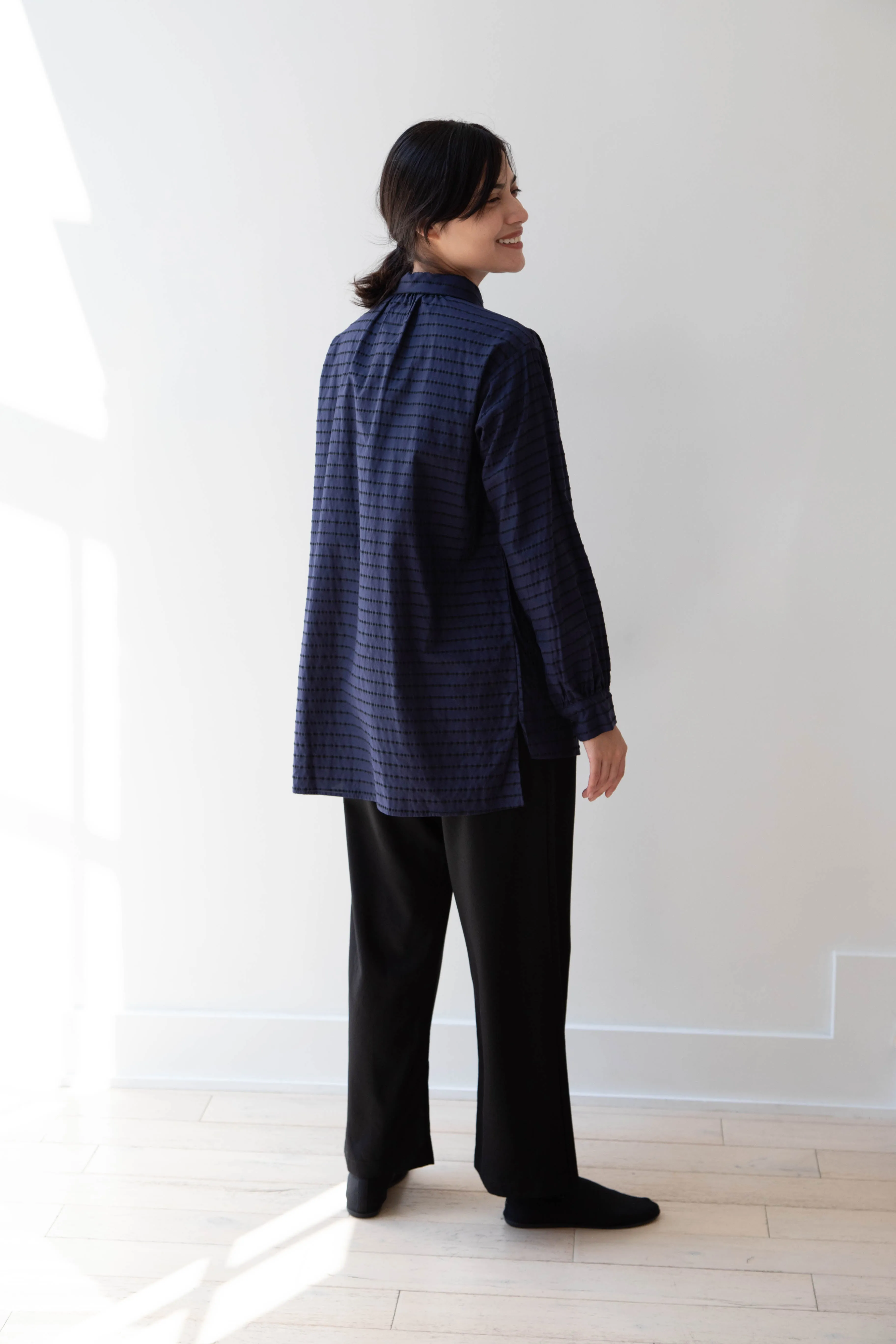 Gallego Desportes | Round Collar Shirt in Indigo Stripe