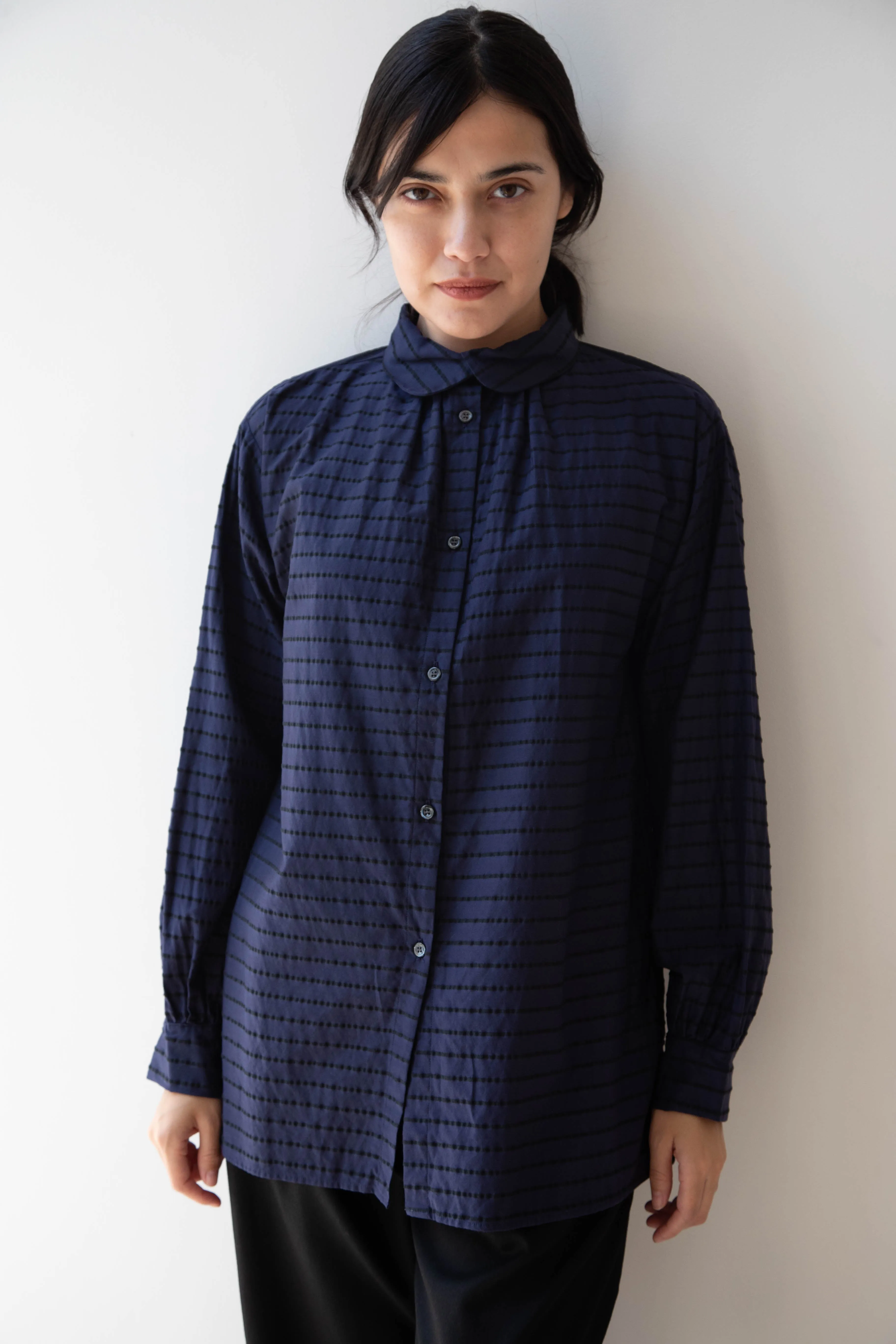 Gallego Desportes | Round Collar Shirt in Indigo Stripe