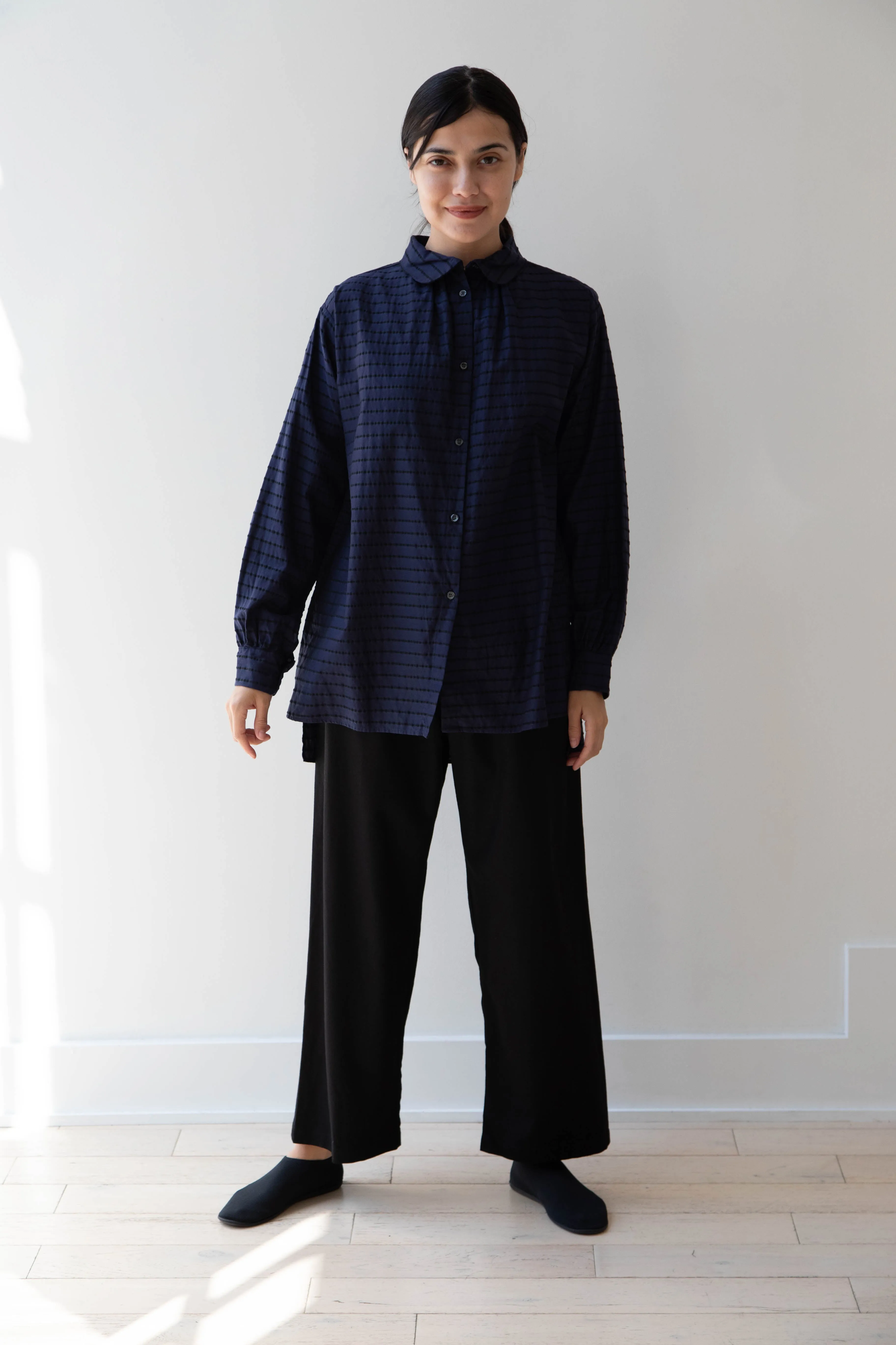 Gallego Desportes | Round Collar Shirt in Indigo Stripe