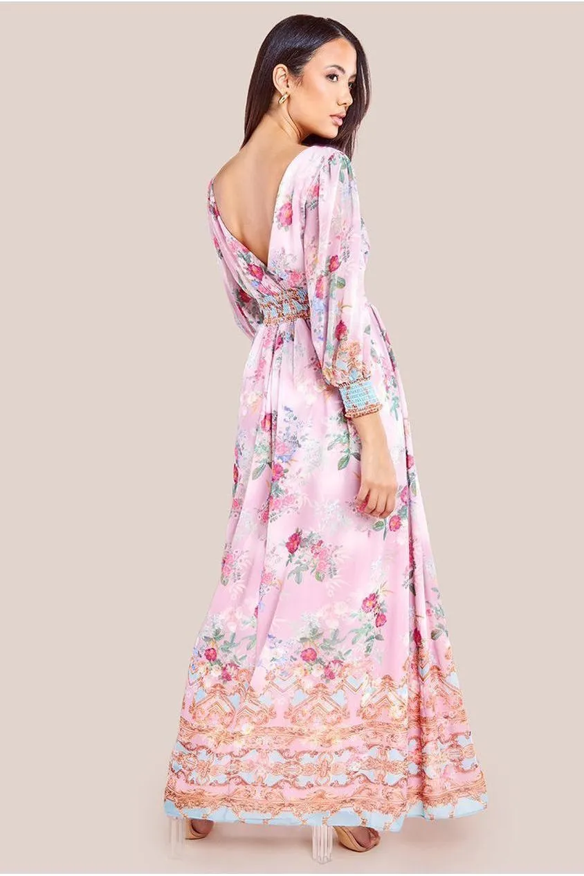 Goddiva Chiffon Wrap Border Floral Print Maxi Dress - Pink