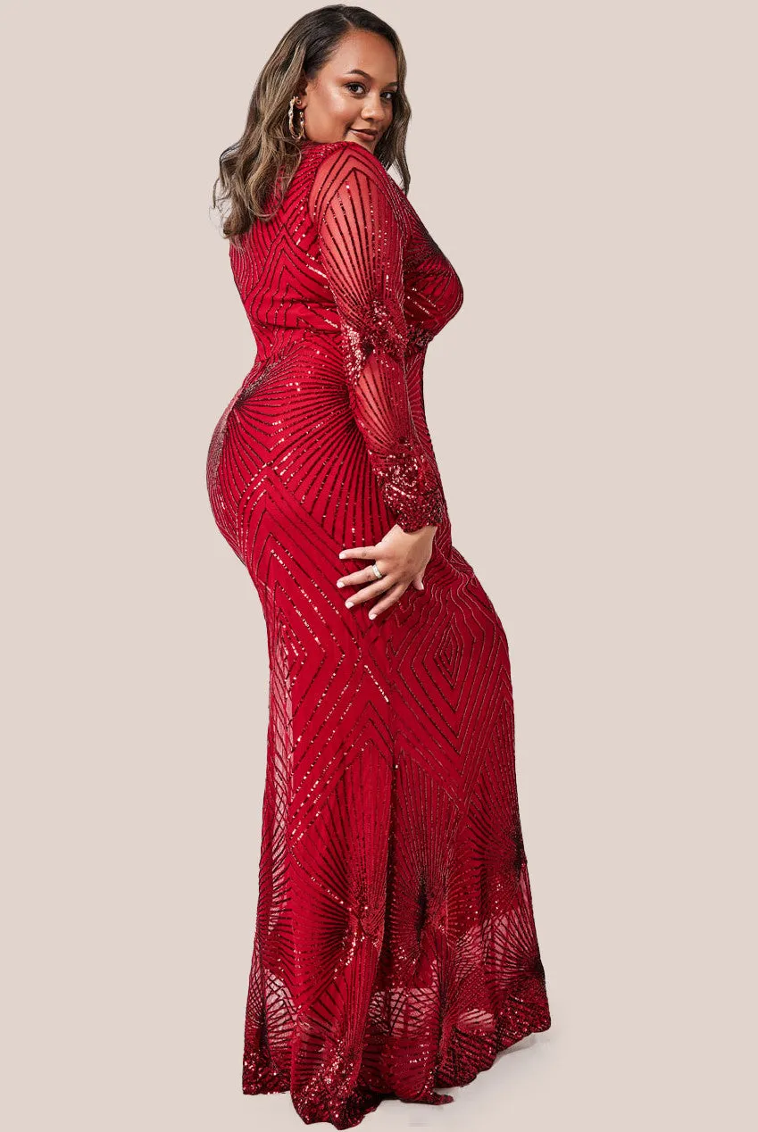 Goddiva Plus Starburst Sequin Maxi Dress - Red