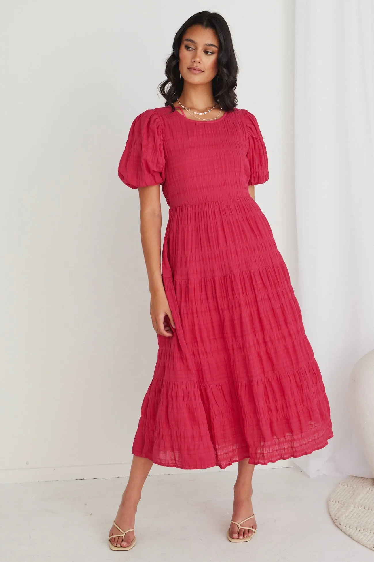 Graceful Raspberry Shirred Cotton Bubble Sleeve Tiered Maxi Dress