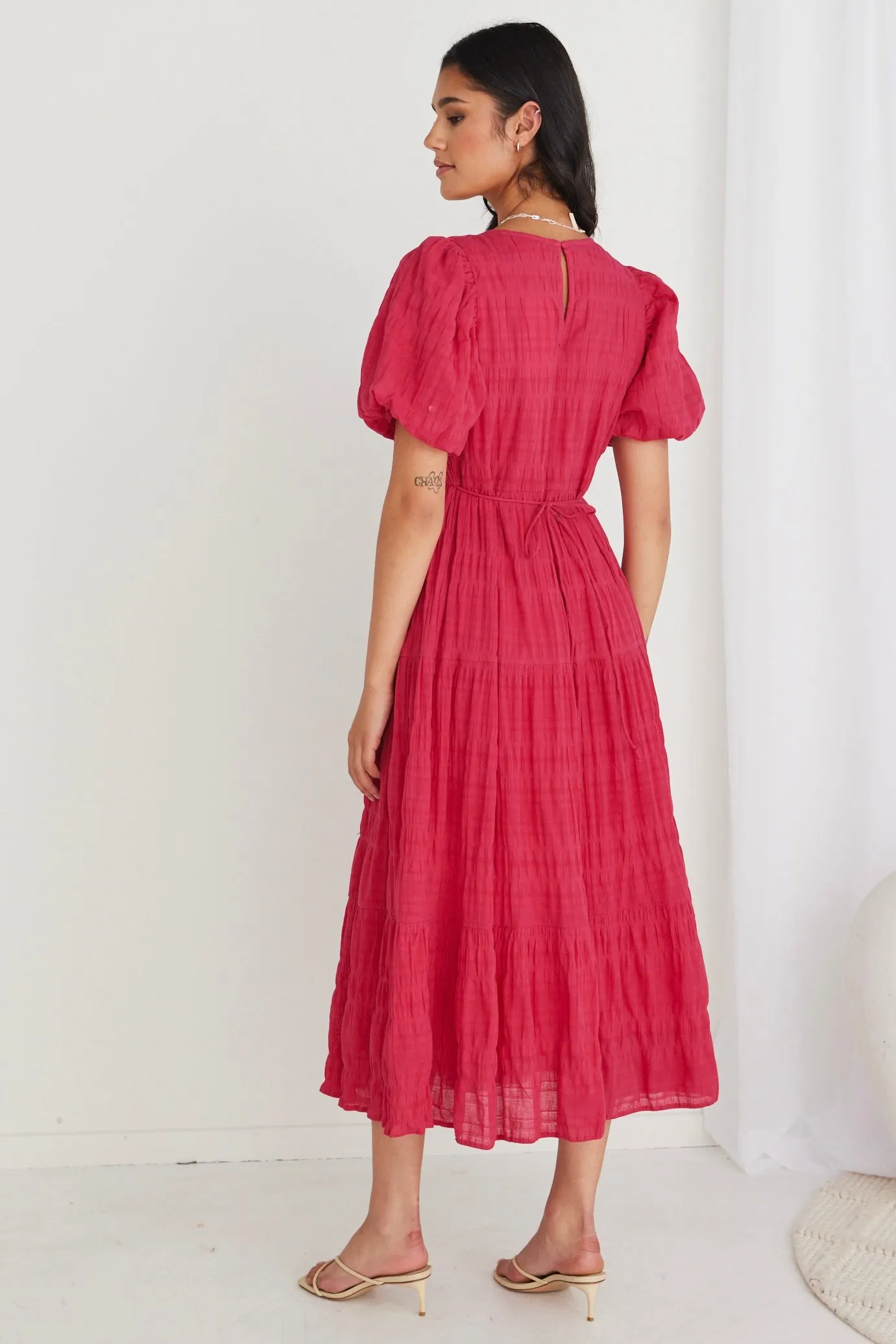 Graceful Raspberry Shirred Cotton Bubble Sleeve Tiered Maxi Dress