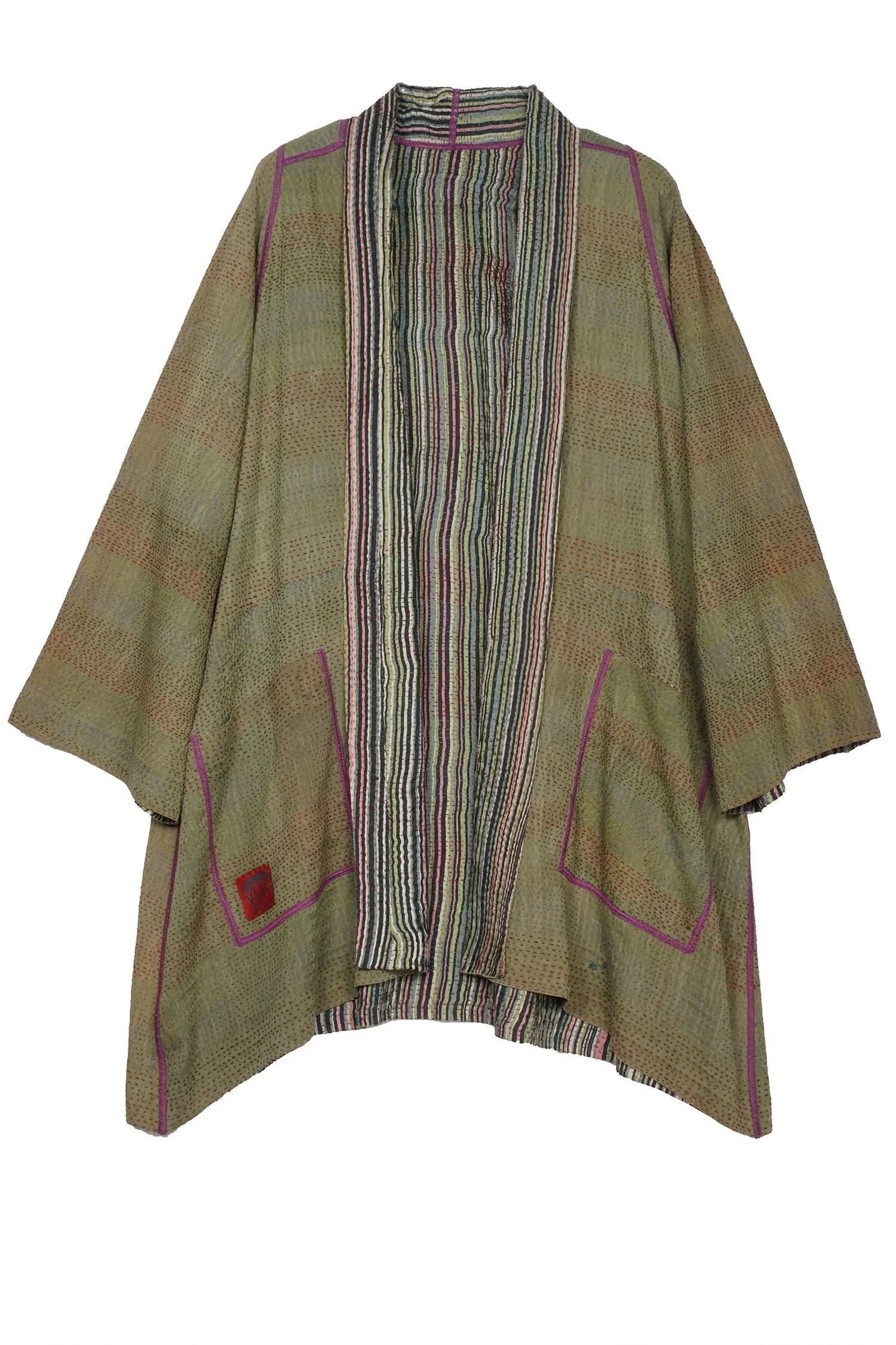 GREEN STRIPE W VINTAGE BACKING KANTHA A-LINE JKT - gt2003-grn -