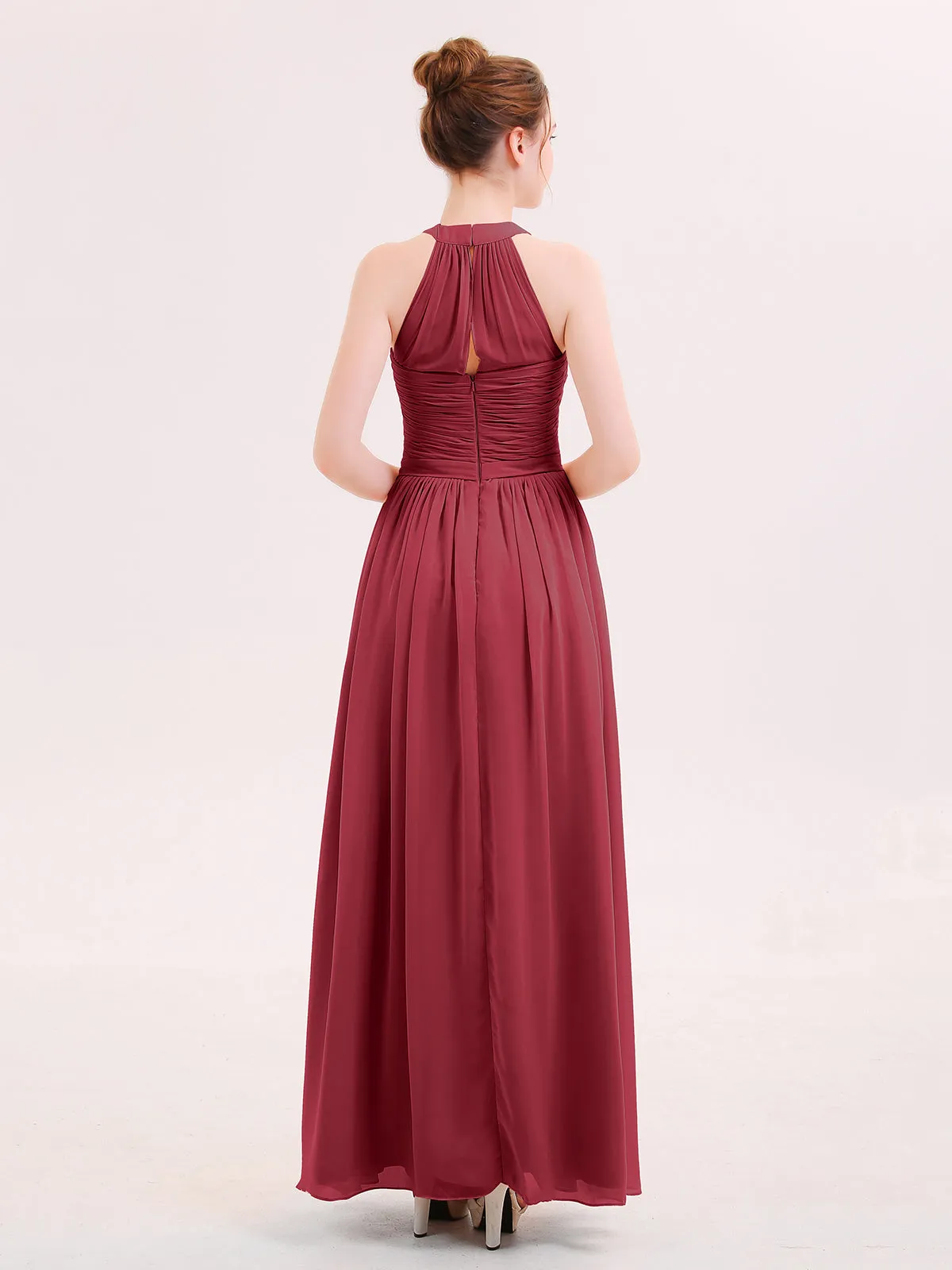 Halter Chiffon Long Bridesmaid Gown with Belt Burgundy Plus Size