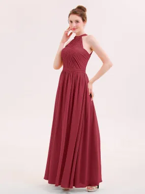 Halter Chiffon Long Bridesmaid Gown with Belt Burgundy Plus Size