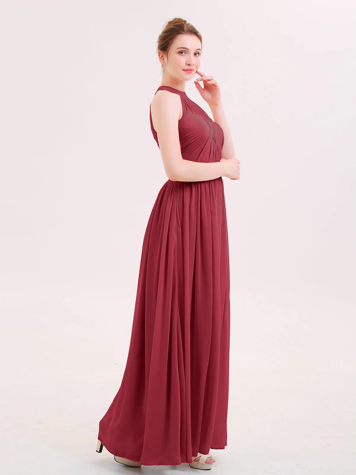 Halter Chiffon Long Bridesmaid Gown with Belt Burgundy Plus Size