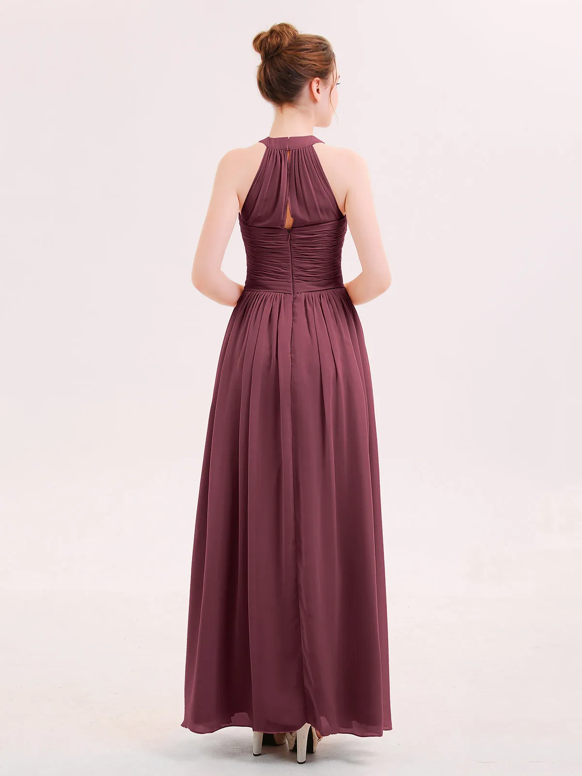 Halter Chiffon Long Bridesmaid Gown with Belt Cabernet Plus Size