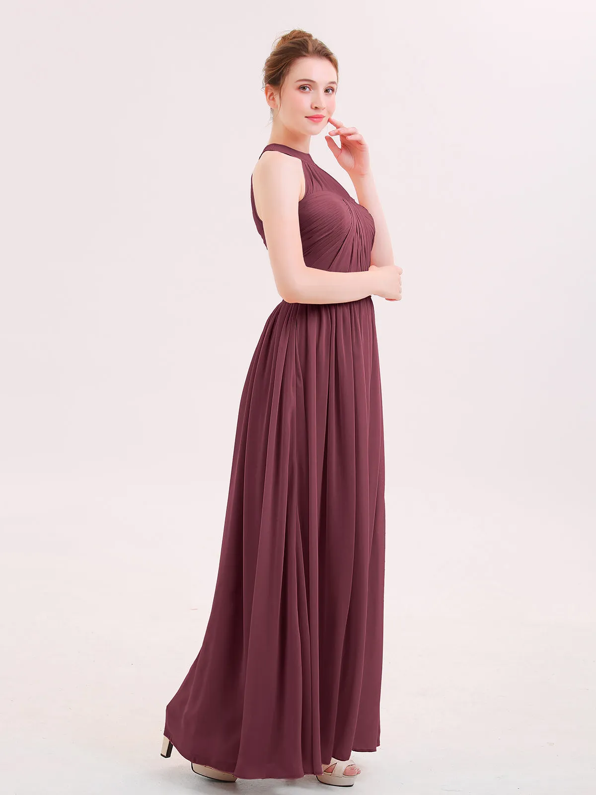 Halter Chiffon Long Bridesmaid Gown with Belt Cabernet Plus Size