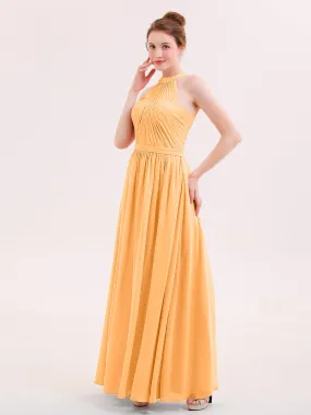 Halter Chiffon Long Bridesmaid Gown with Belt Tangerine