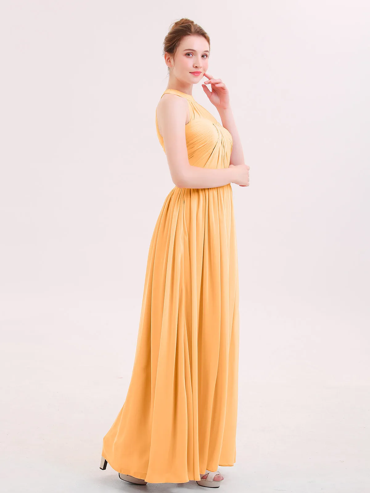 Halter Chiffon Long Bridesmaid Gown with Belt Tangerine