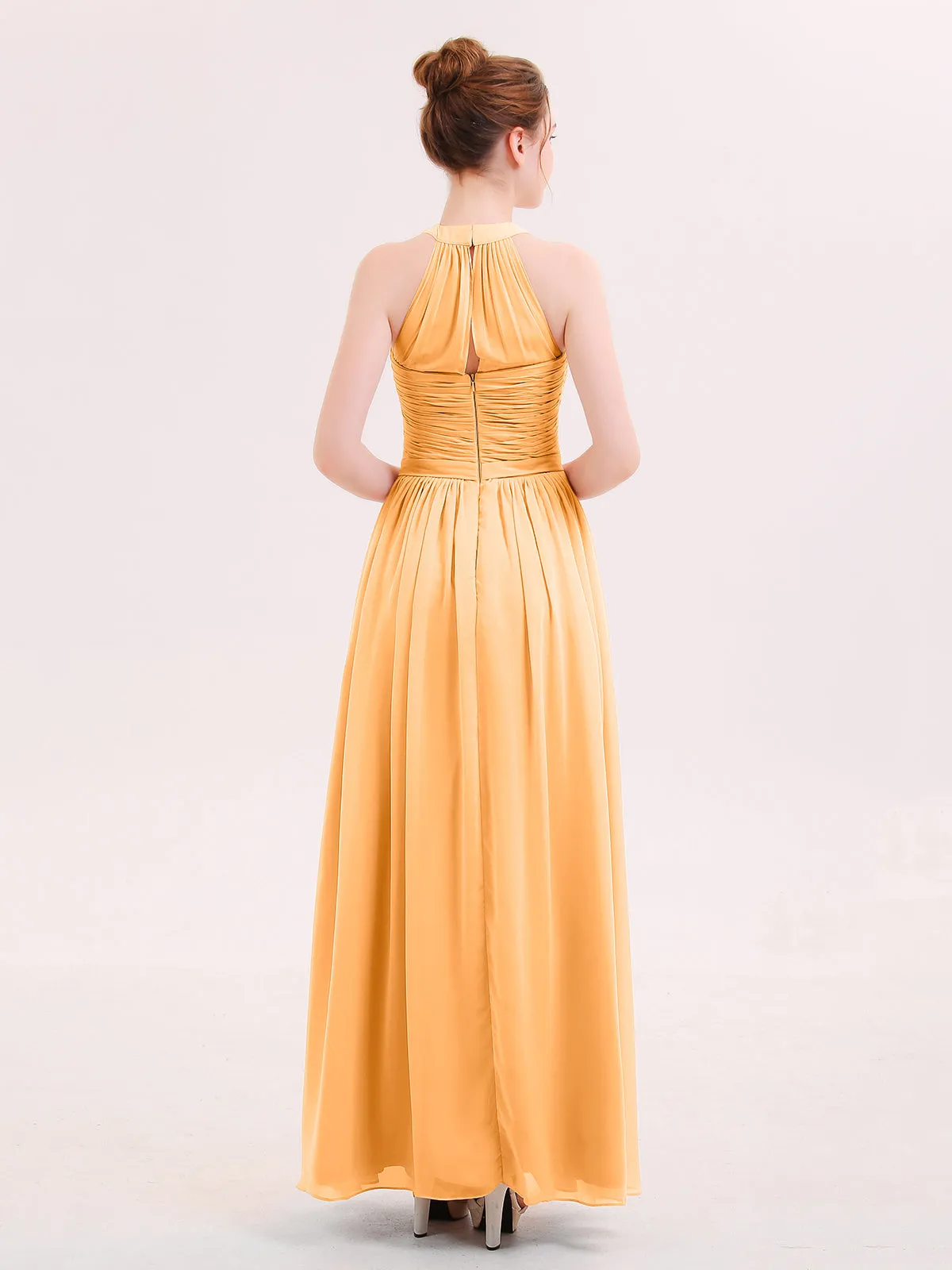 Halter Chiffon Long Bridesmaid Gown with Belt Tangerine