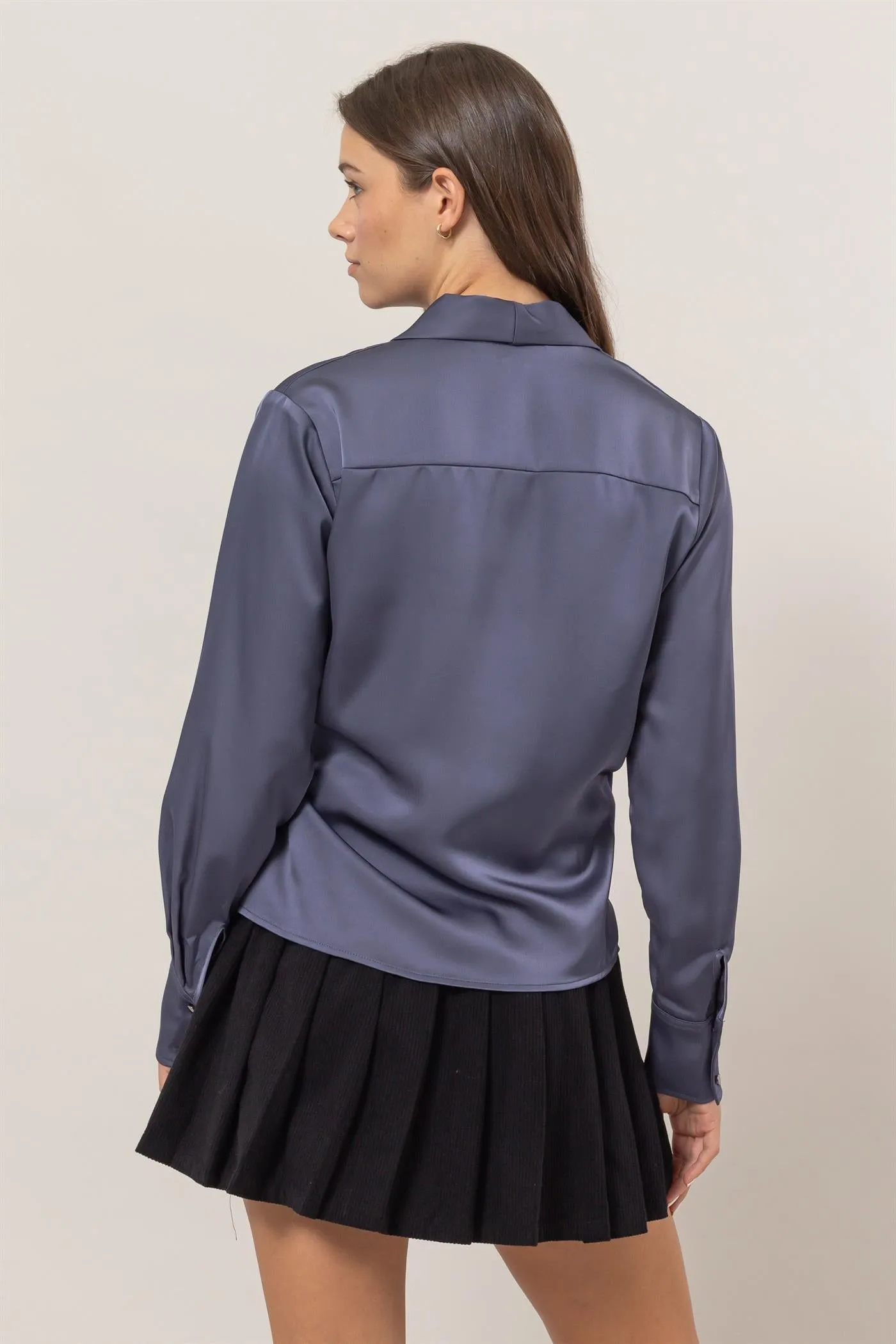 HF25C137-Long Sleeves Satin Blouse With Tie Detail