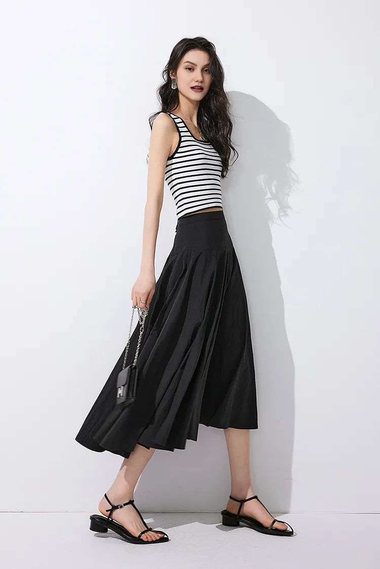 High-Waisted Tencel White Midi Skirt with Wide Waistband