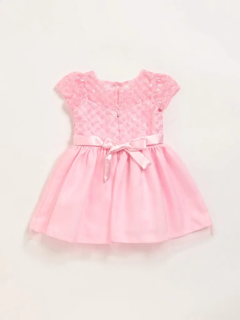 HOP Kids Pink Embroidered Mesh Dress