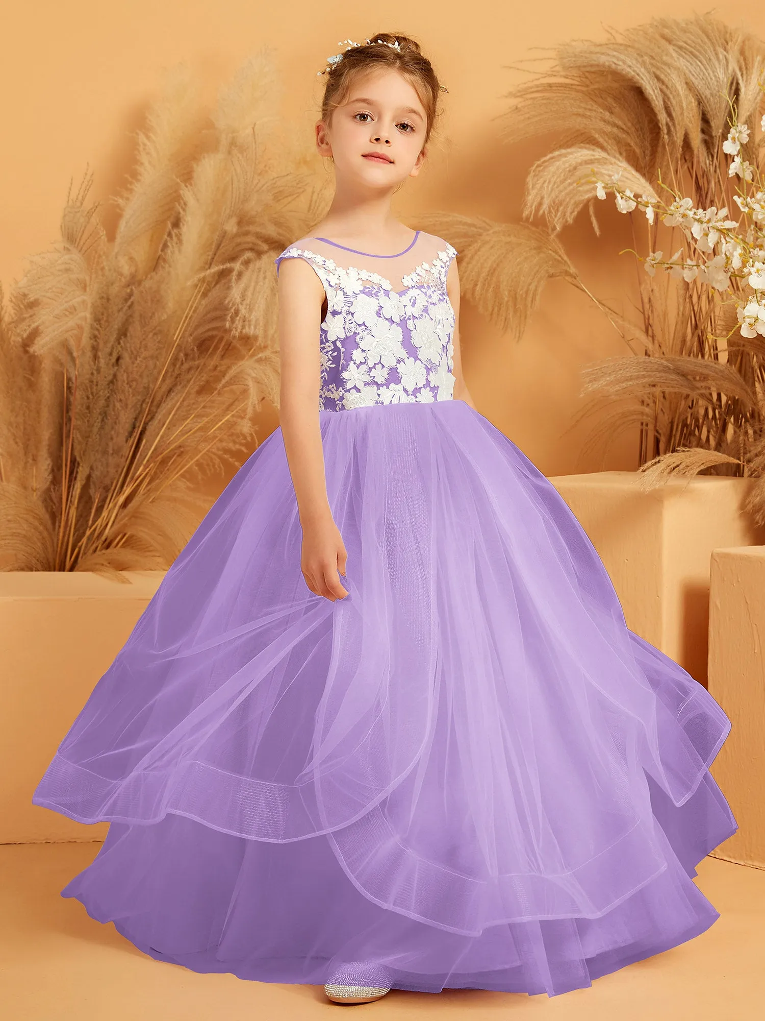 Illusion Lace Applique Tulle Flower Girl Ball Gown Tahiti