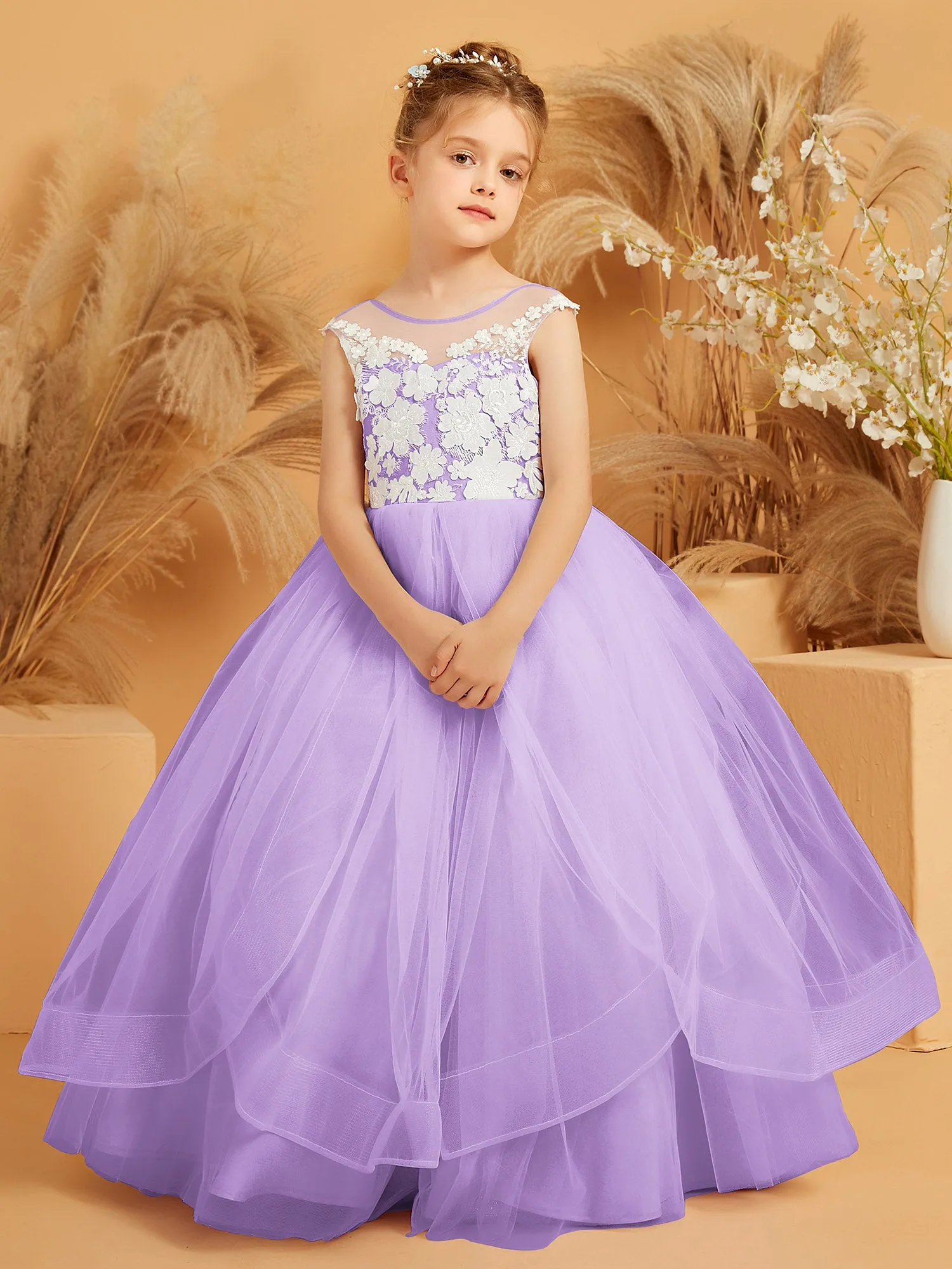 Illusion Lace Applique Tulle Flower Girl Ball Gown Tahiti