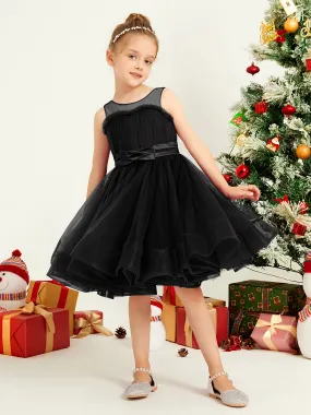 Illusion Sleeveless Pleated Tulle A-line Short Girl Dress Black