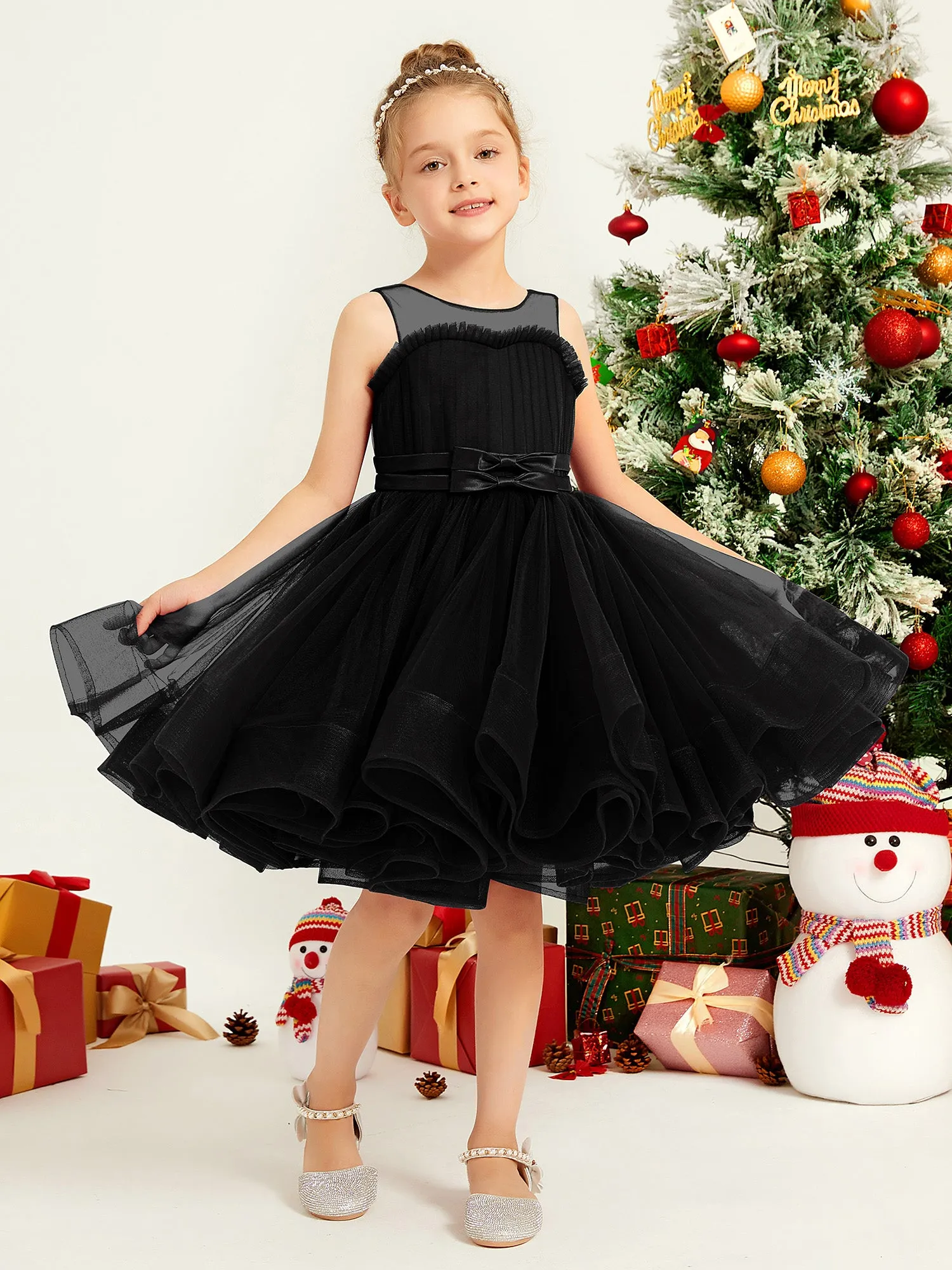 Illusion Sleeveless Pleated Tulle A-line Short Girl Dress Black