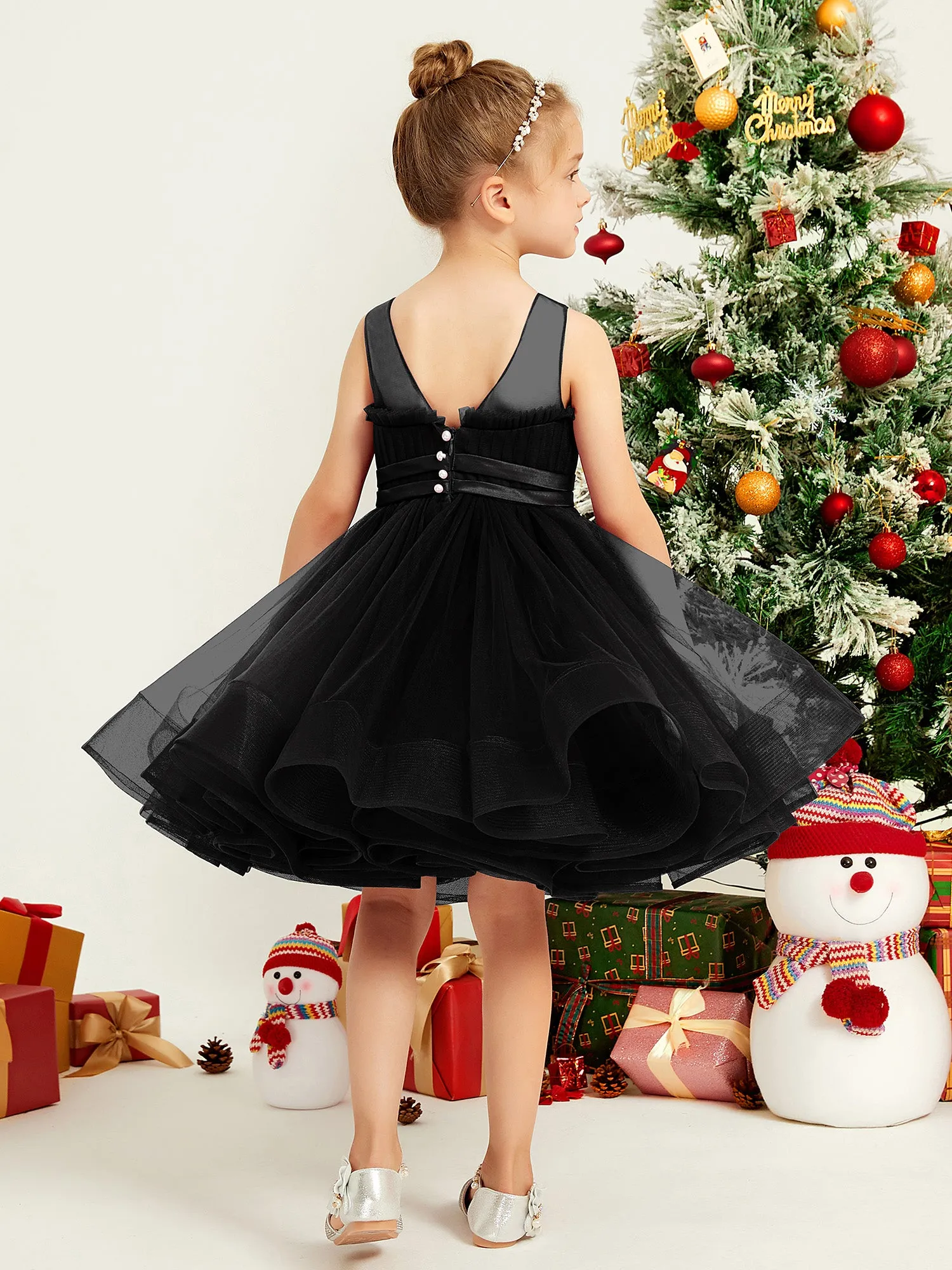 Illusion Sleeveless Pleated Tulle A-line Short Girl Dress Black