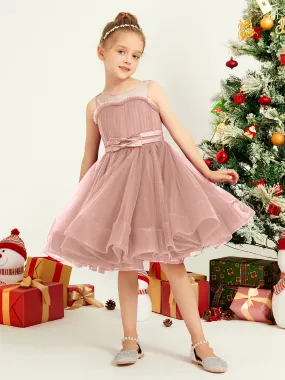 Illusion Sleeveless Pleated Tulle A-line Short Girl Dress Dusty Rose