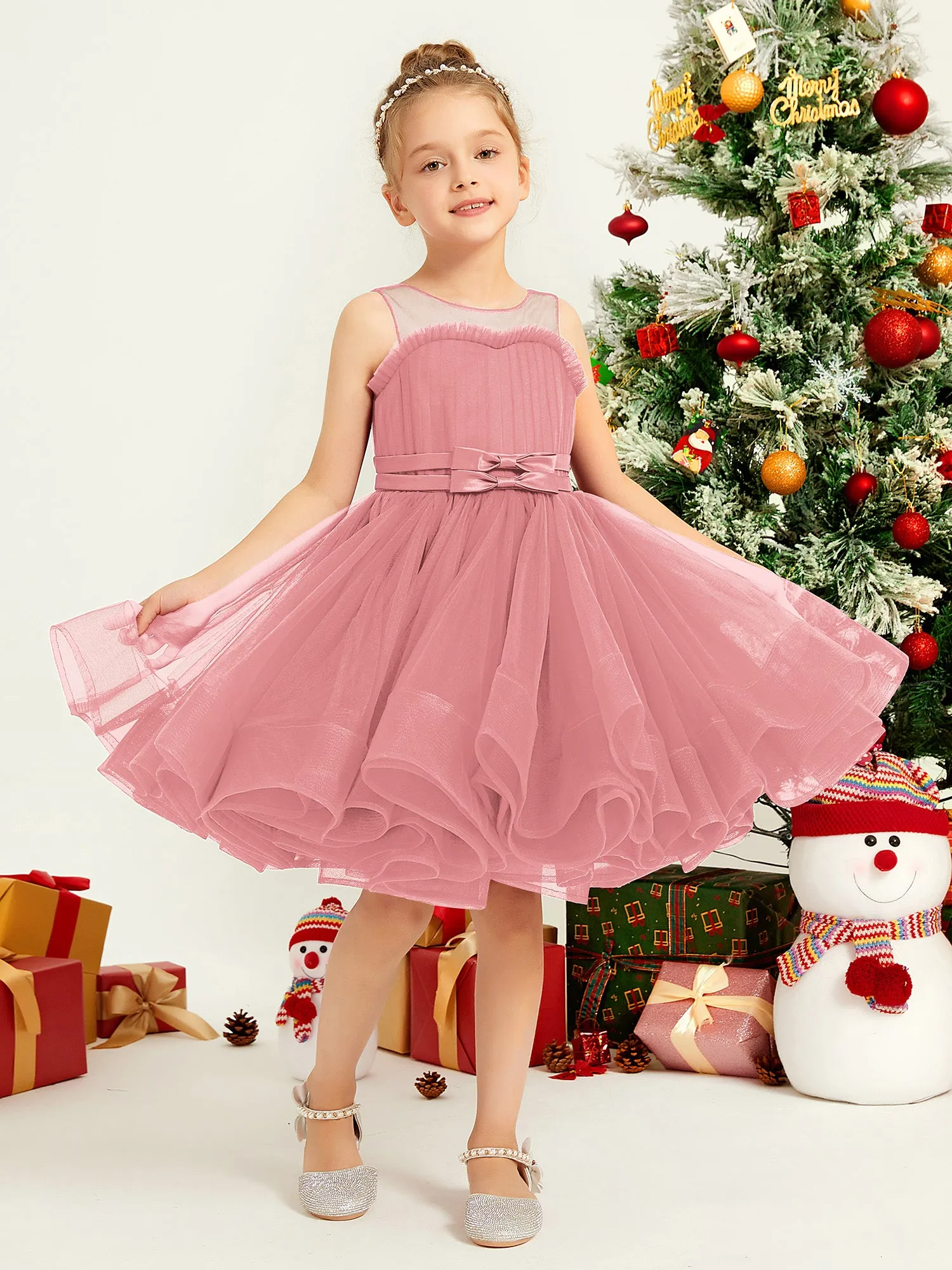 Illusion Sleeveless Pleated Tulle A-line Short Girl Dress Flamingo