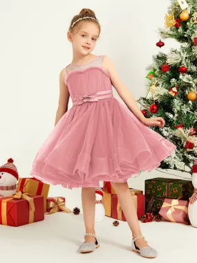 Illusion Sleeveless Pleated Tulle A-line Short Girl Dress Flamingo