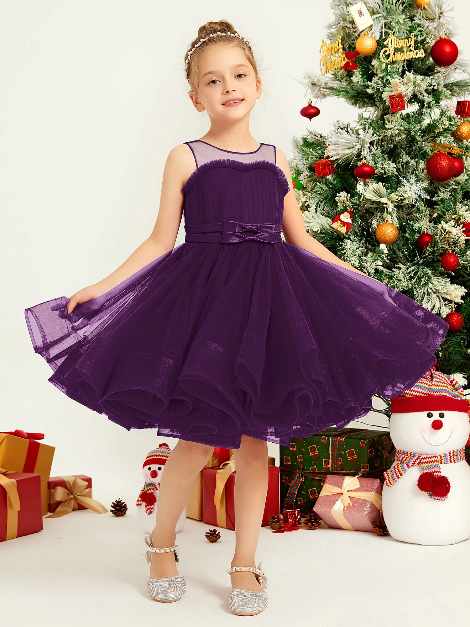 Illusion Sleeveless Pleated Tulle A-line Short Girl Dress Grape