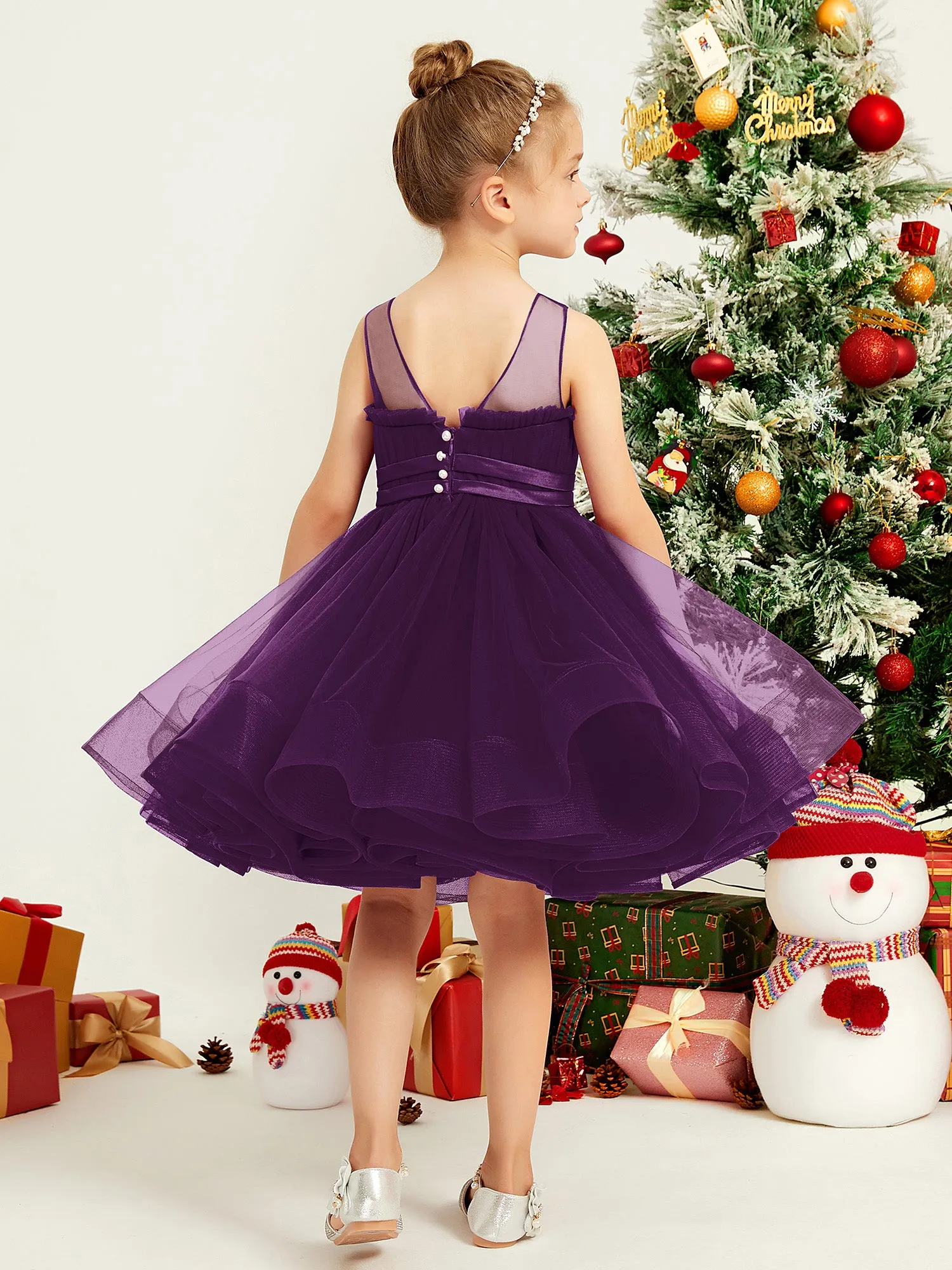 Illusion Sleeveless Pleated Tulle A-line Short Girl Dress Grape