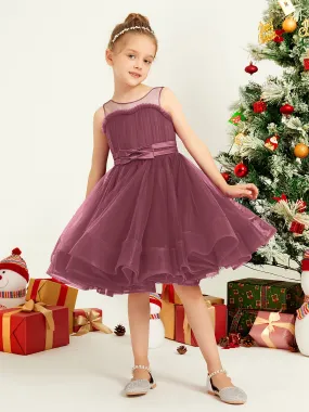 Illusion Sleeveless Pleated Tulle A-line Short Girl Dress Mulberry