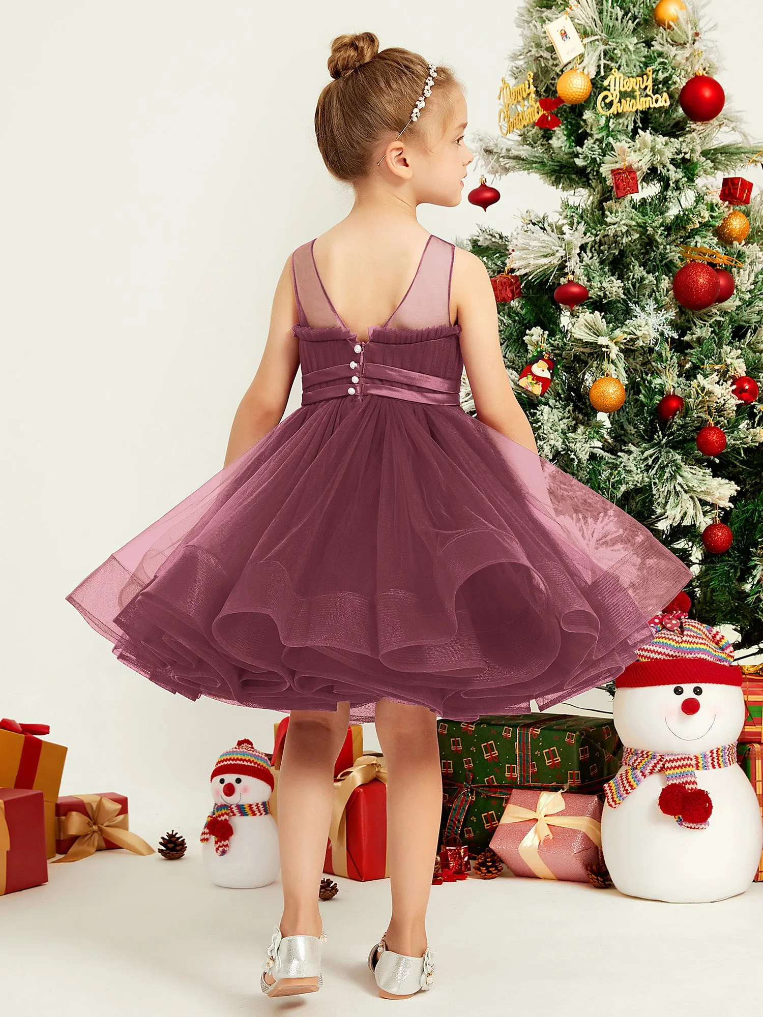 Illusion Sleeveless Pleated Tulle A-line Short Girl Dress Mulberry