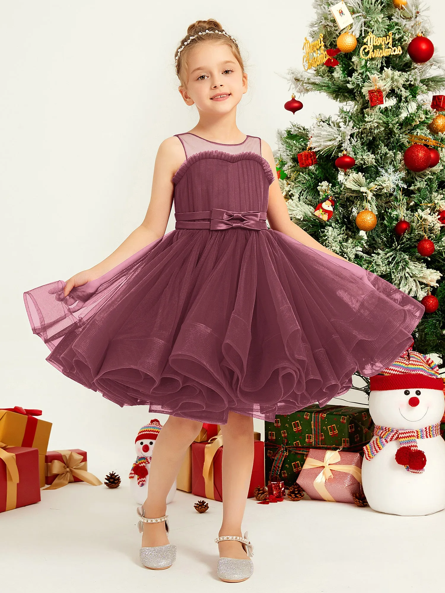 Illusion Sleeveless Pleated Tulle A-line Short Girl Dress Mulberry