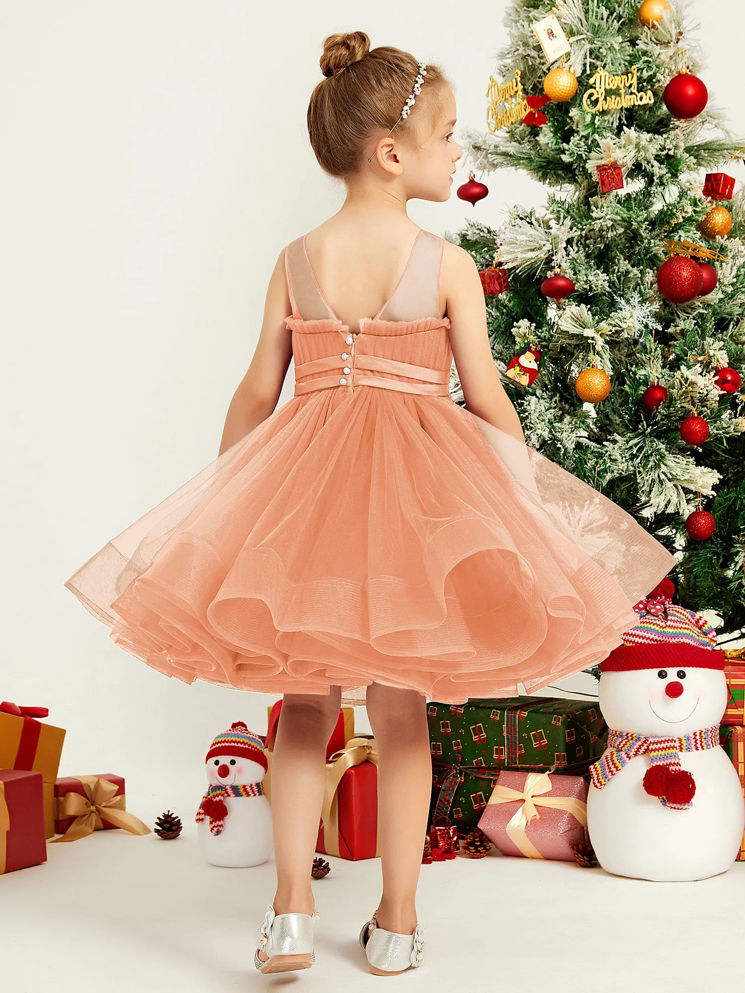 Illusion Sleeveless Pleated Tulle A-line Short Girl Dress Papaya