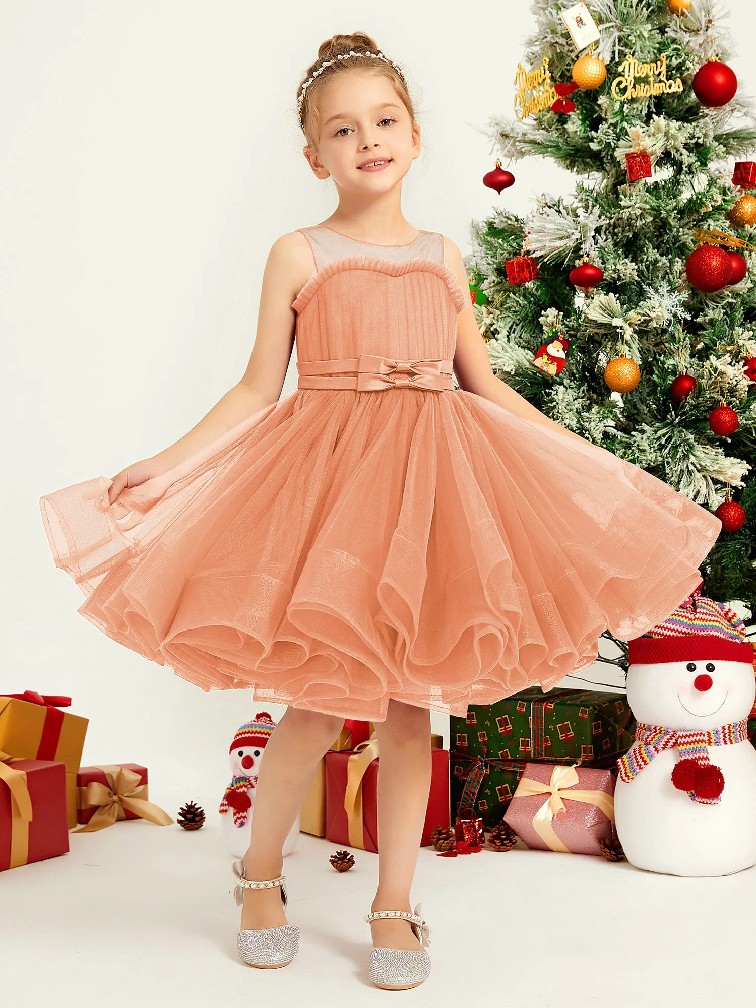 Illusion Sleeveless Pleated Tulle A-line Short Girl Dress Papaya