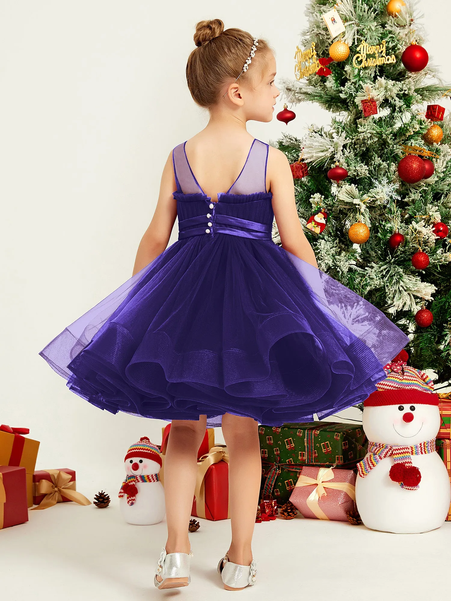 Illusion Sleeveless Pleated Tulle A-line Short Girl Dress Regency