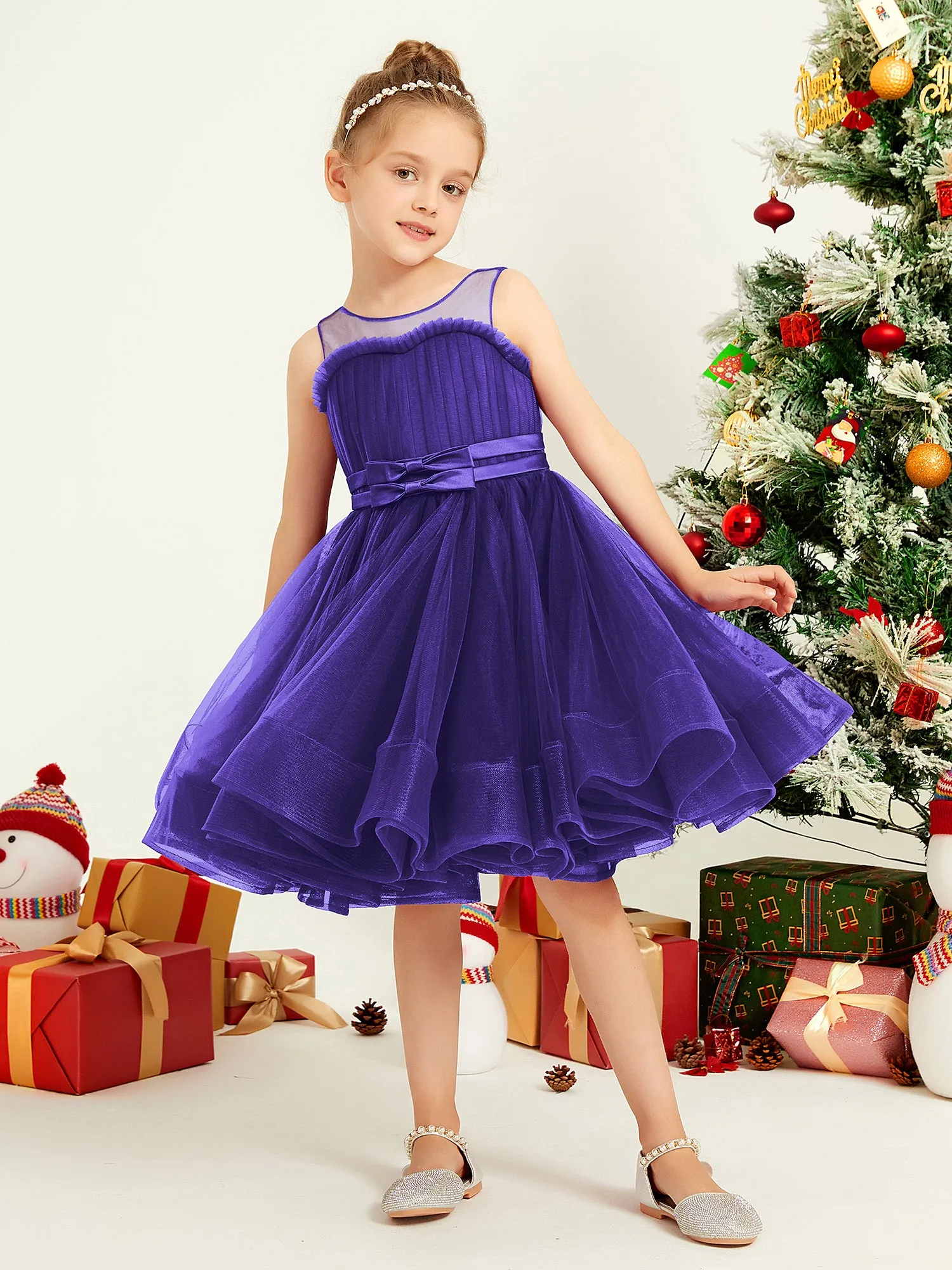 Illusion Sleeveless Pleated Tulle A-line Short Girl Dress Regency