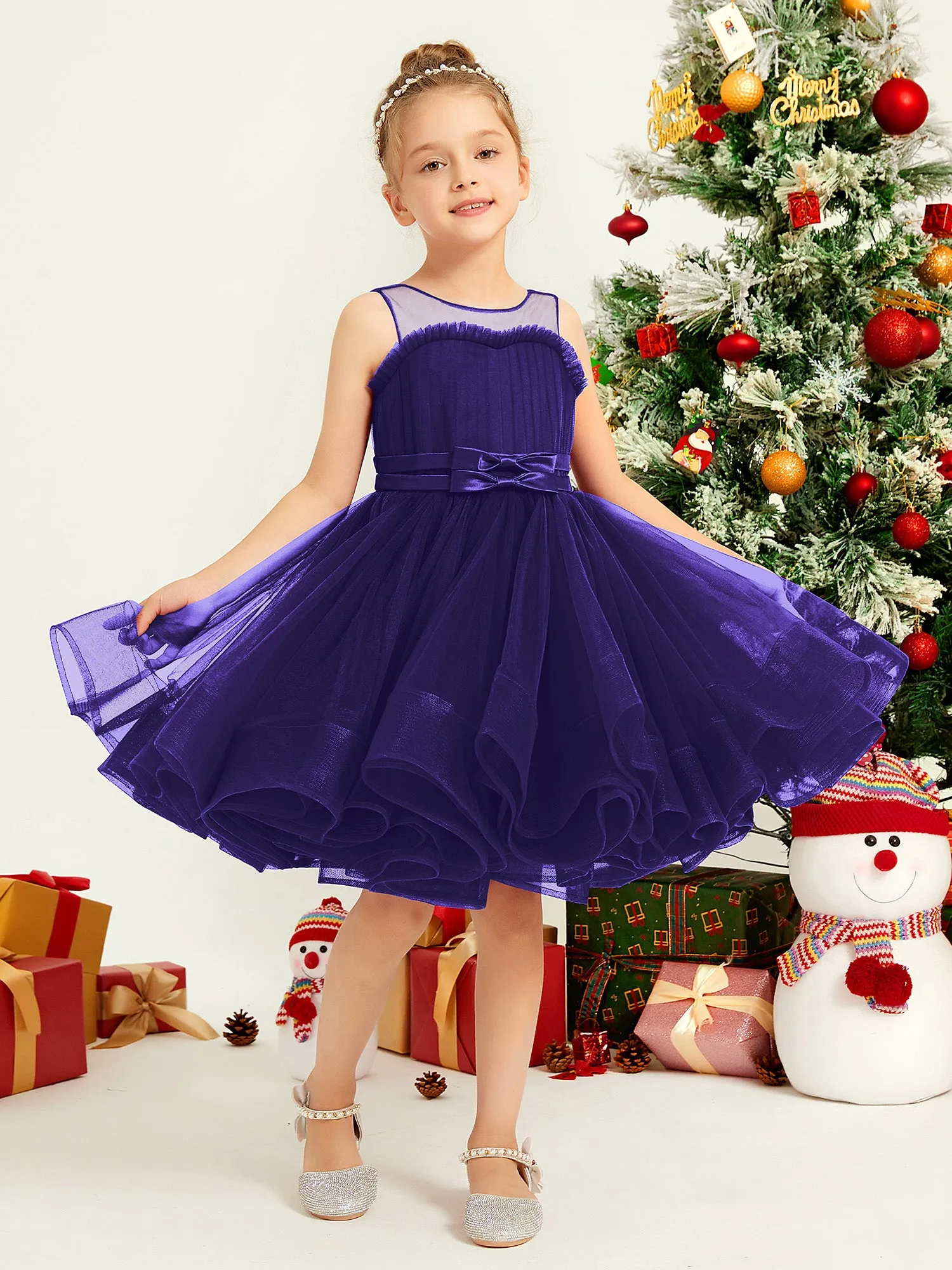 Illusion Sleeveless Pleated Tulle A-line Short Girl Dress Regency