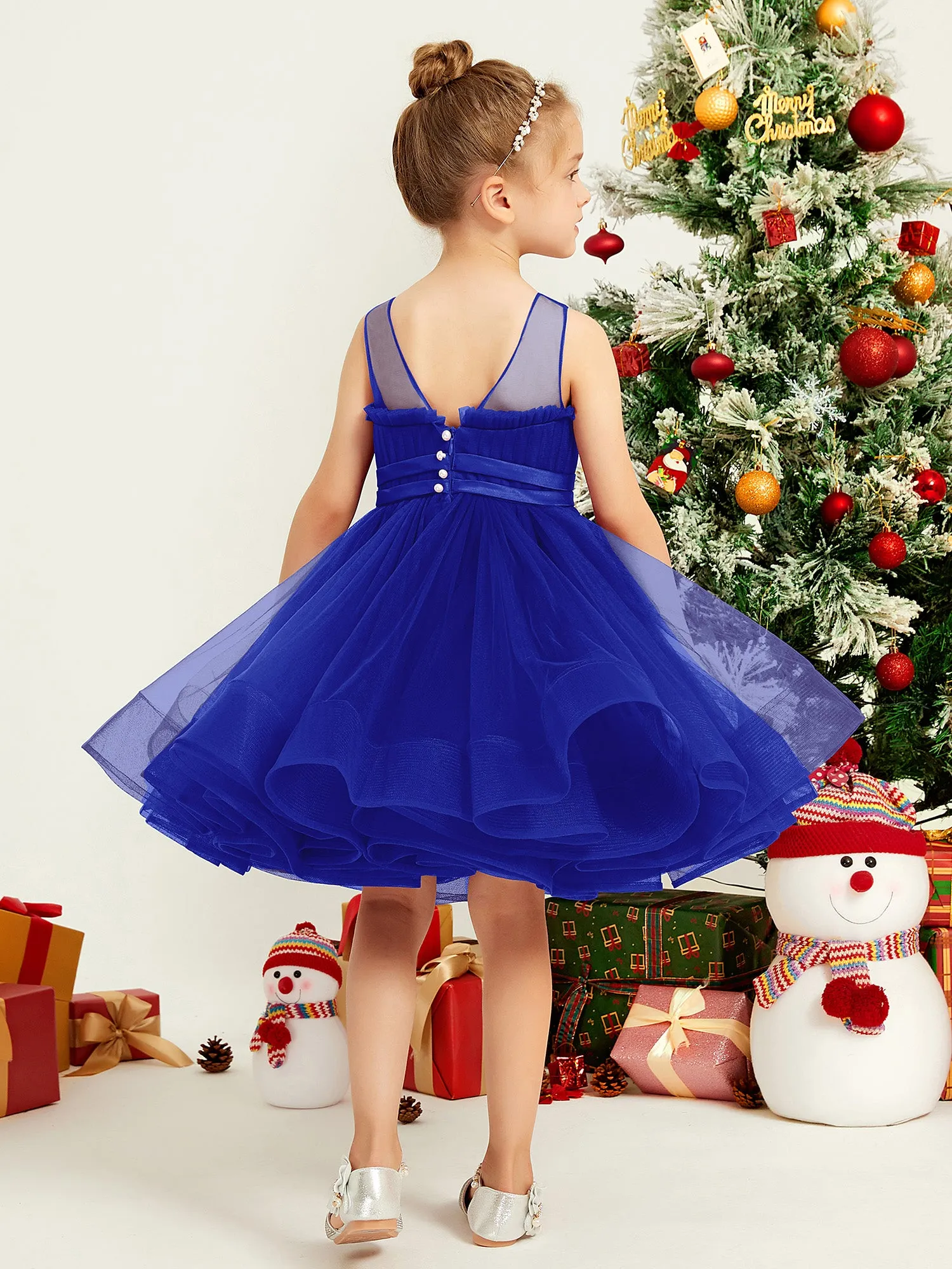 Illusion Sleeveless Pleated Tulle A-line Short Girl Dress Royal Blue