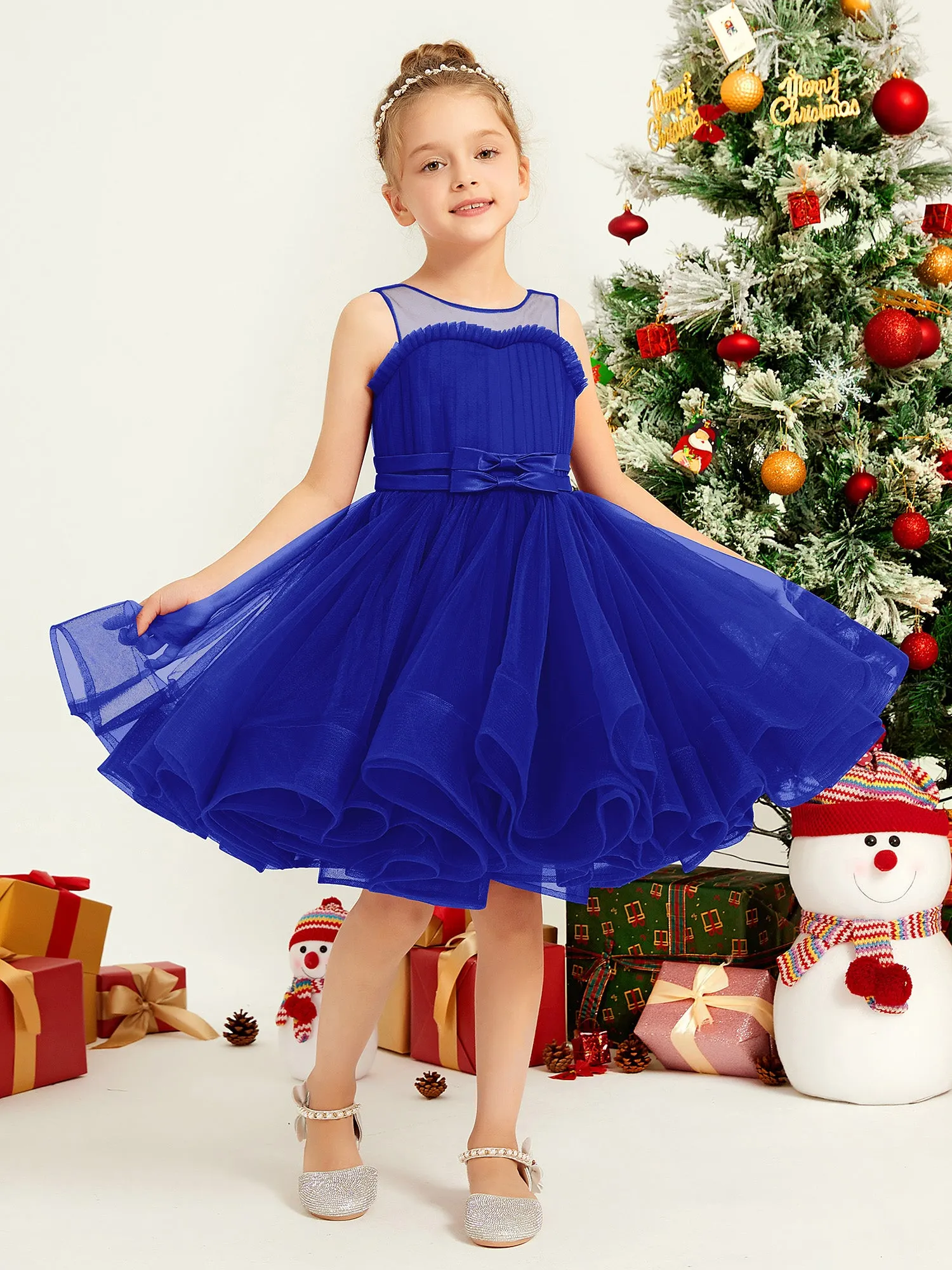 Illusion Sleeveless Pleated Tulle A-line Short Girl Dress Royal Blue