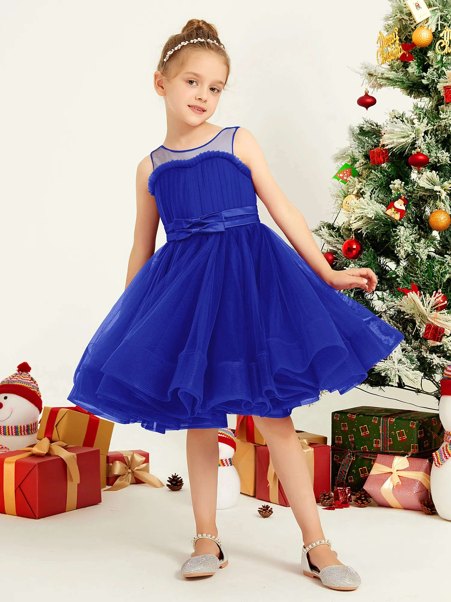 Illusion Sleeveless Pleated Tulle A-line Short Girl Dress Royal Blue