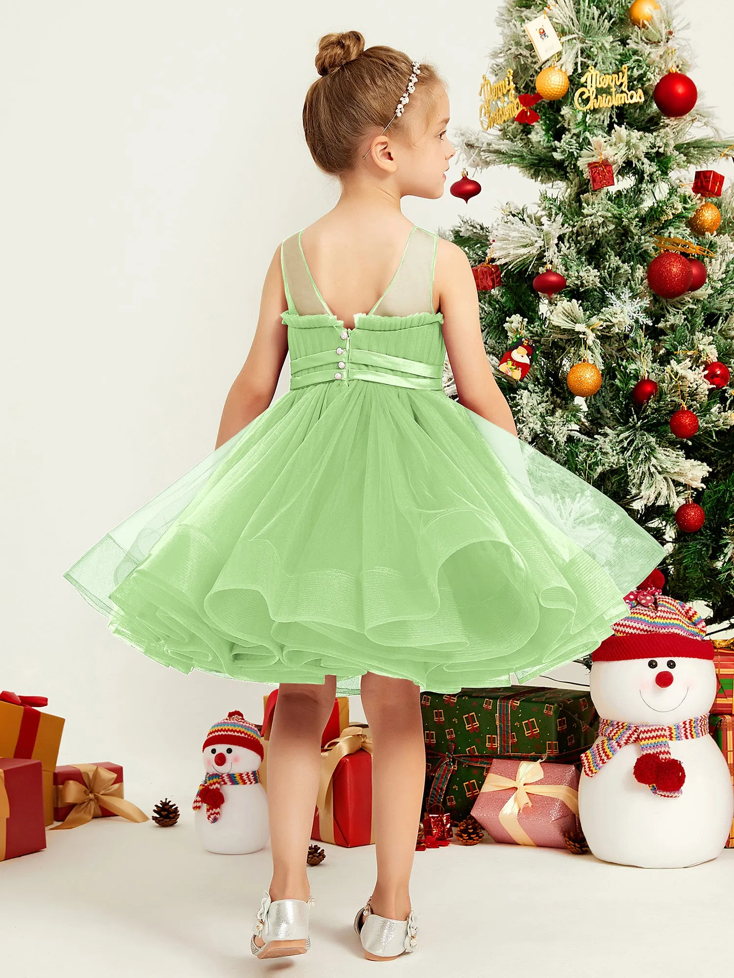 Illusion Sleeveless Pleated Tulle A-line Short Girl Dress Sage