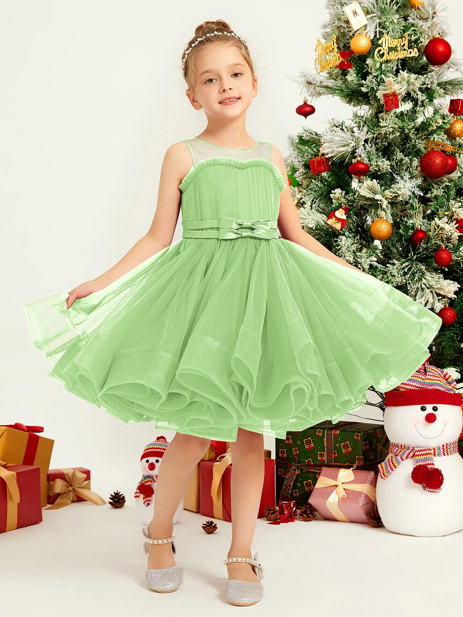 Illusion Sleeveless Pleated Tulle A-line Short Girl Dress Sage