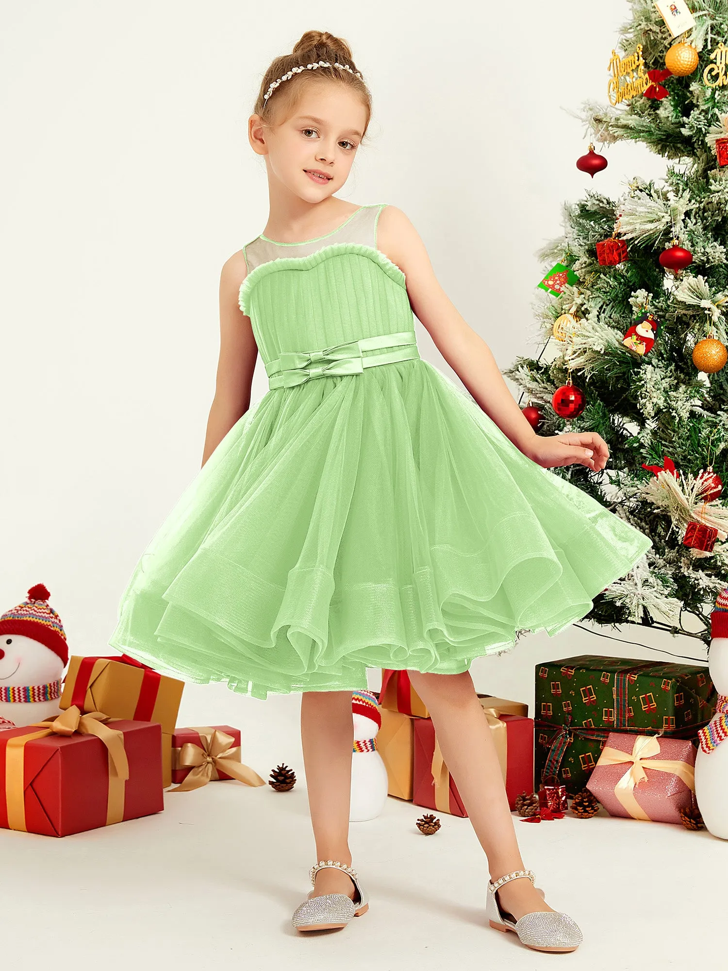 Illusion Sleeveless Pleated Tulle A-line Short Girl Dress Sage