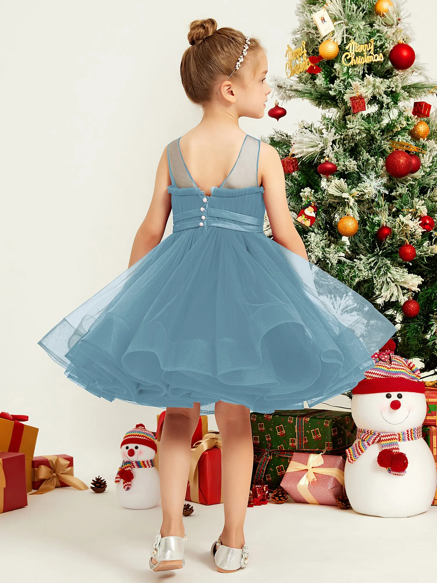 Illusion Sleeveless Pleated Tulle A-line Short Girl Dress Slate Blue