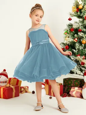 Illusion Sleeveless Pleated Tulle A-line Short Girl Dress Slate Blue